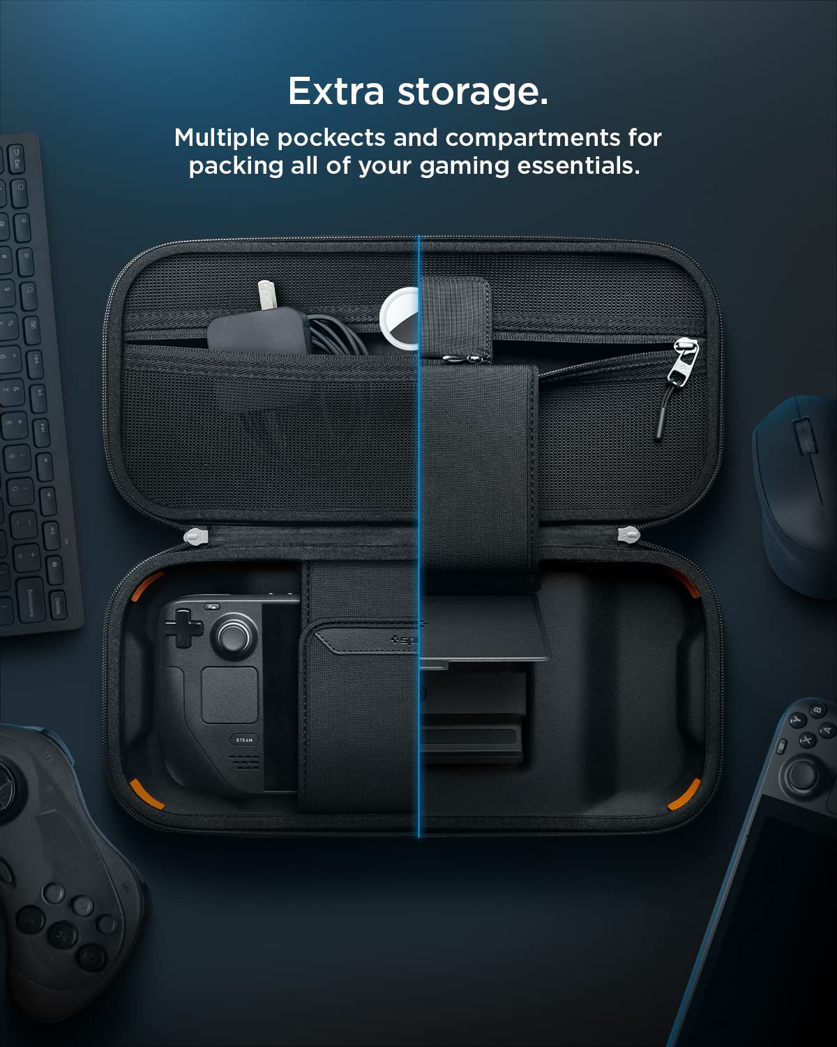 Spigen Rugged Armor Pro Case for Steam Deck LCD/OLED - Travel Protection with Accessory Pockets & Charger Storage - Perfect for Gaming On-The-Go