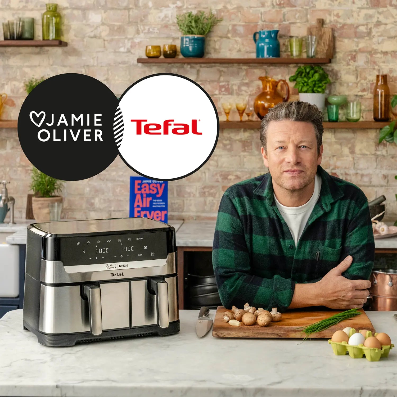 Jamie Oliver by Tefal Dual Air Fryer 8.3L EY905J - Large Capacity Healthy Oil-Free Cooking for Family Meals, Snacks & Roasts