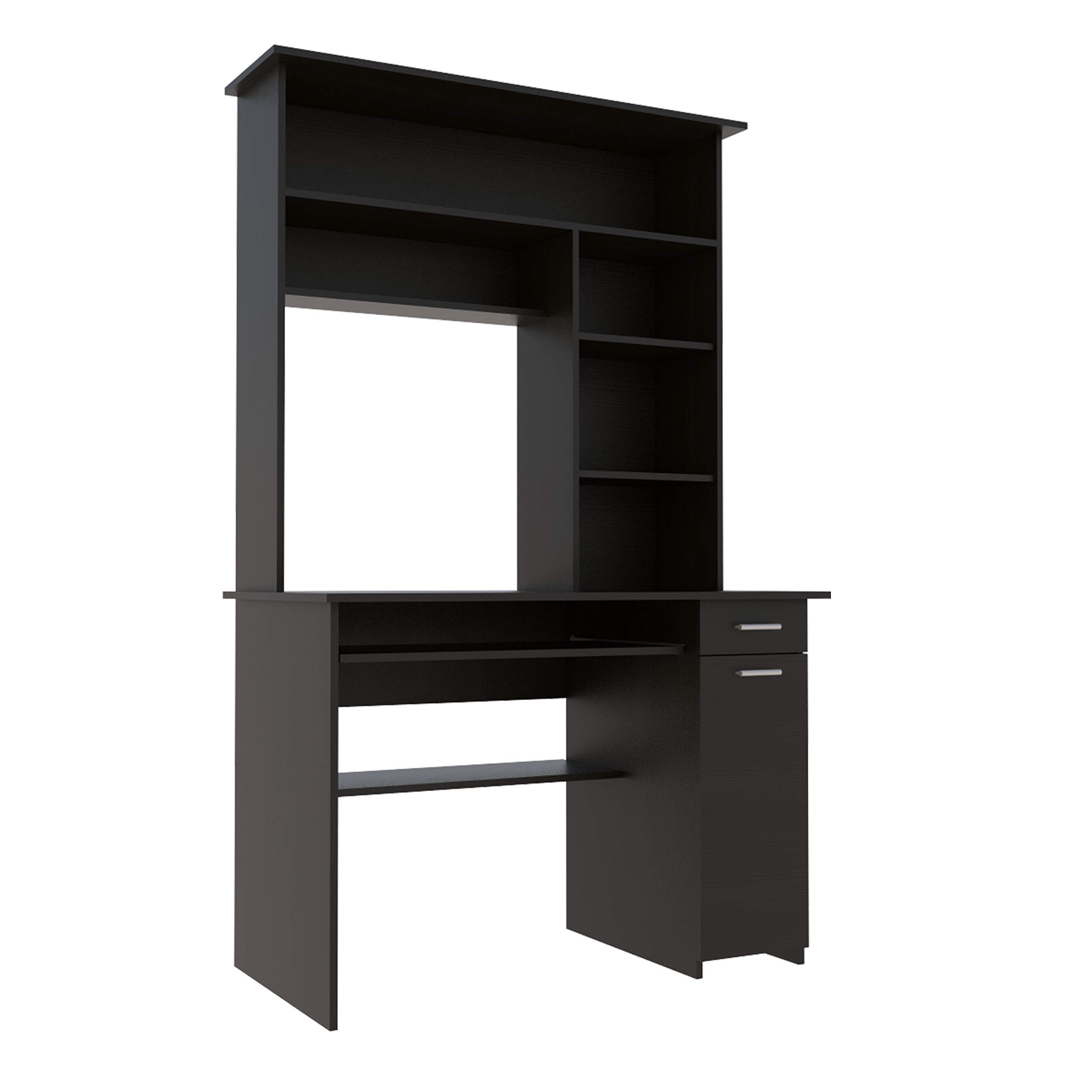 Weston 180 Two Computer Desk with Hutch - Black Office Desk with Retractable Keyboard Tray, Storage Drawer, CPU Stand & 6 Open Shelves | Perfect for Home Office, Gaming Setup & Small Workspaces