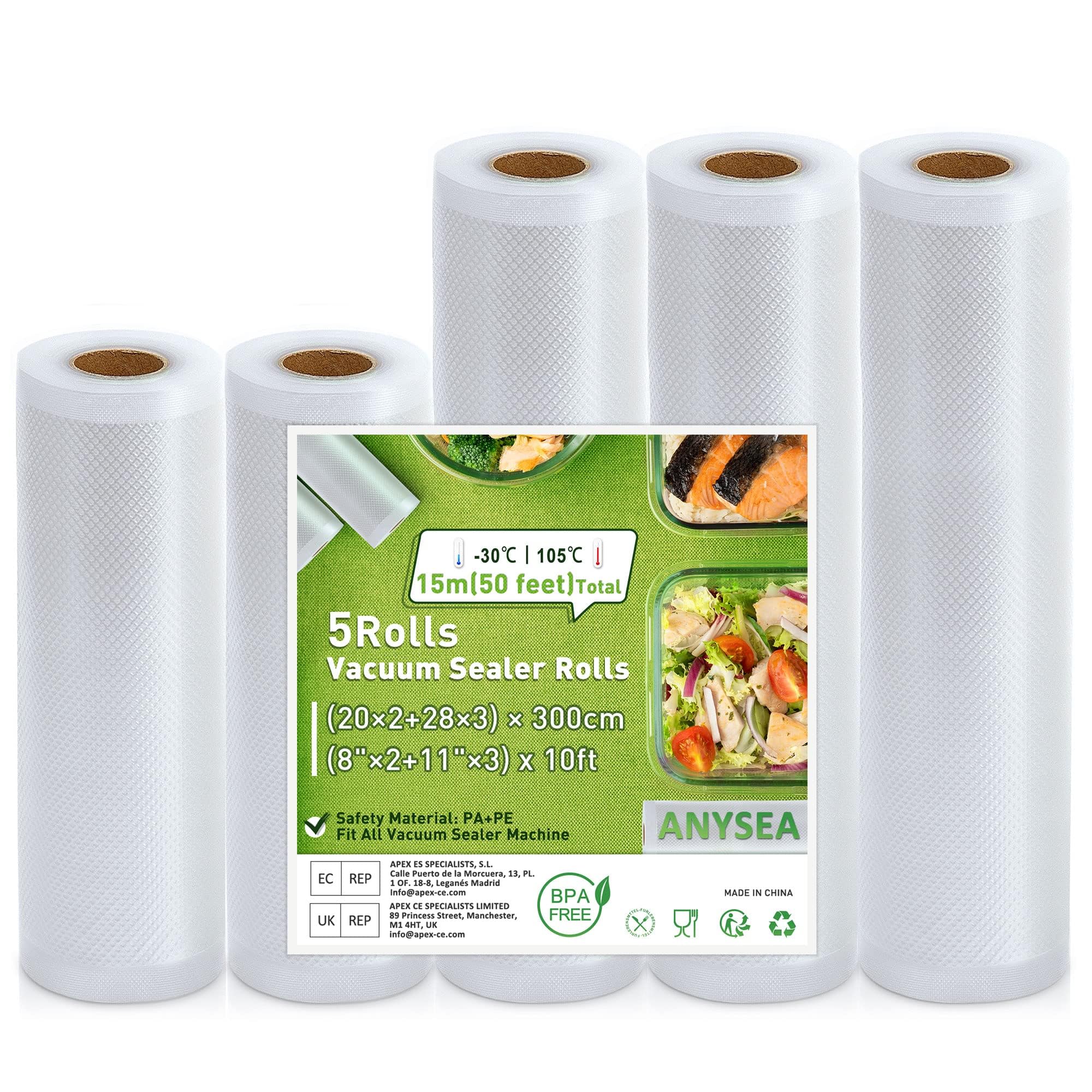 Anysea Vacuum Sealer Bags - 8x11 Inch 10 Feet 5 Rolls, BPA Free Vacuum Seal Rolls for Sous Vide, Food Preservation & Meal Prep - Perfect for Commercial Kitchens, Home Use & Freezer Storage