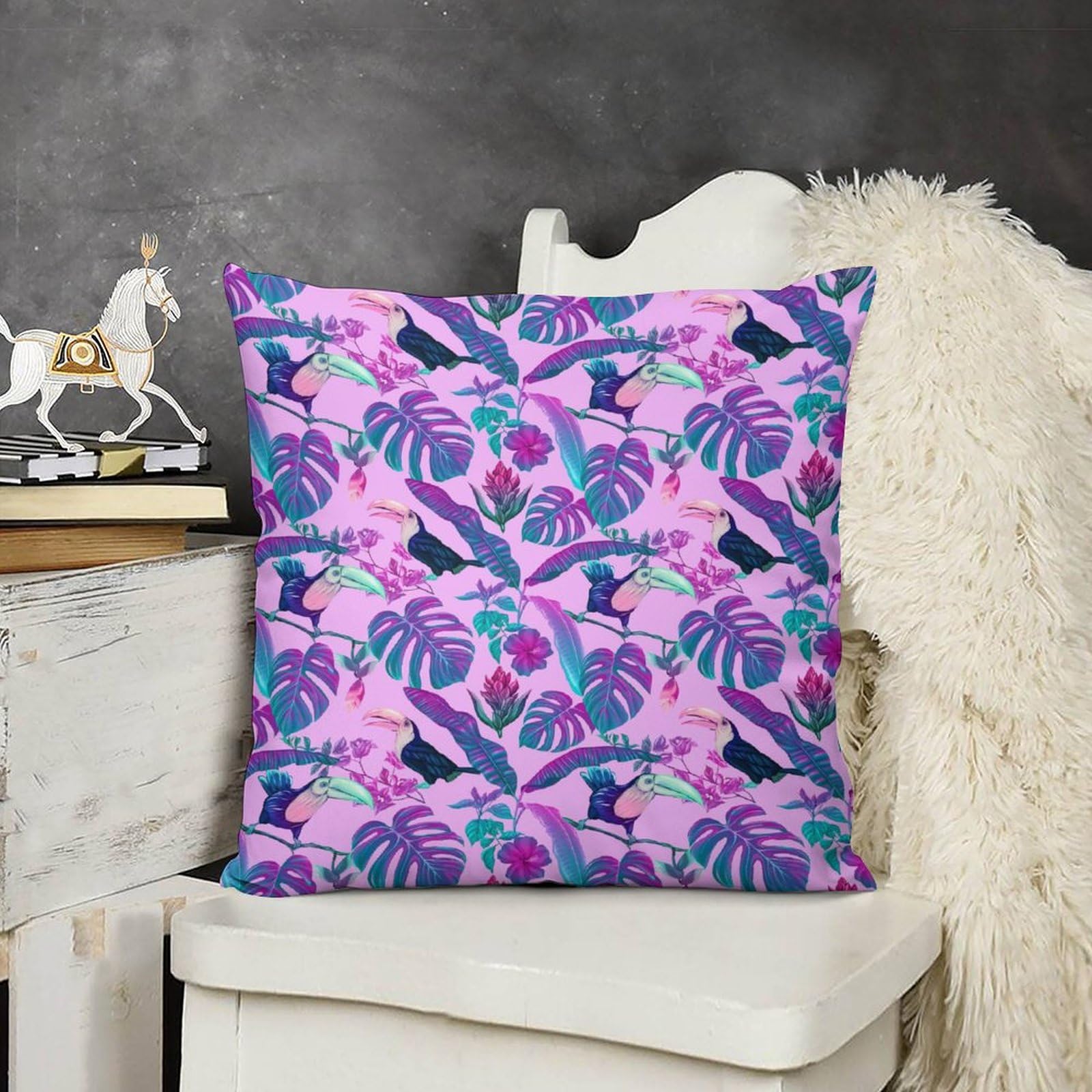 Soft Tropical Monstera & Toucan Plush Pillow Covers Set of 4 - 26x26 Inch Smooth Cushion Cases for Sofa, Bed, Living Room Decor | Perfect for Home, Nursery, Dorm & Gift