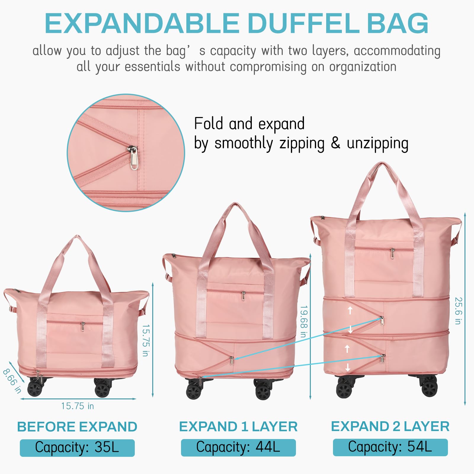 VOOWO Expandable Rolling Duffle Bag with Wheels - Foldable Wheeled Travel Duffel for Carry On Luggage, Large Weekend Bag for Women & Men - Perfect for Air Travel, Gym & Road Trips