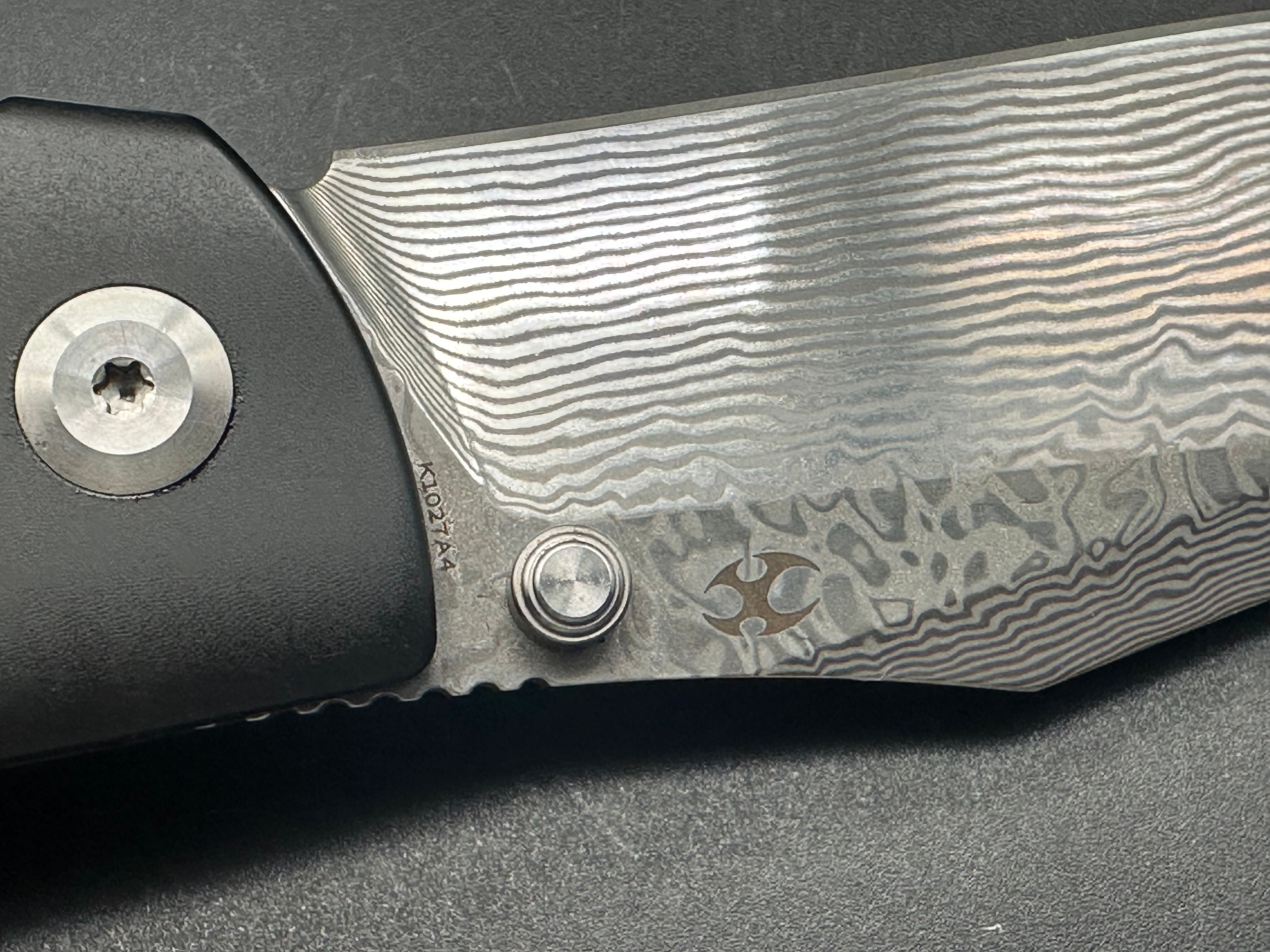 KANSEPT SHIKARI Folding Knife - Black Titanium Handle with Twill Carbon Fiber Inlay & Damascus Steel Blade - Plain Edge for Outdoor, Camping, and EDC Use