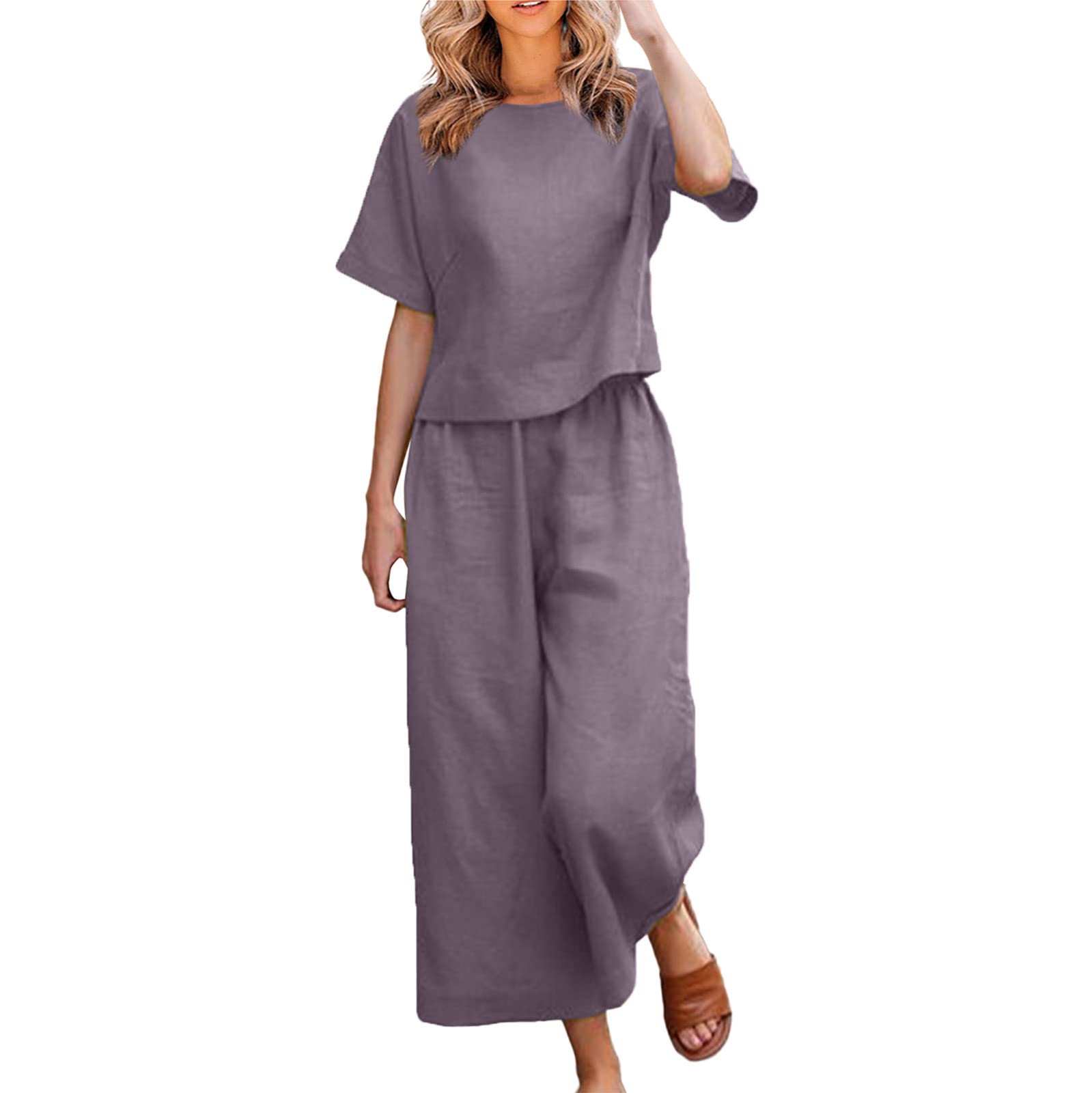 Women's 2-Piece Linen Lounge Set - Summer Crop Top & Elastic Waist Wide Leg Pants | Comfortable Vacation & Travel Outfits 2024 | Perfect for Beach, Yoga & Casual Wear