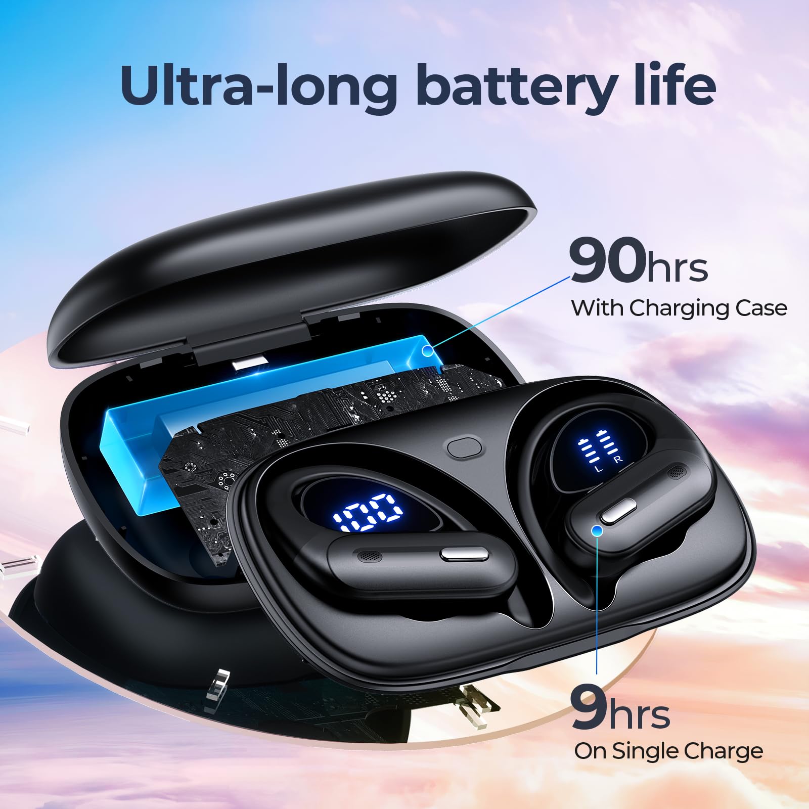 **Wireless Earbuds Bluetooth 5.3 with 90H Playtime, Wireless Charging Case, Power Display, Earhooks & IPX7 Waterproof – Stereo Sound for Android, Workouts, Running & Gym (Black)**