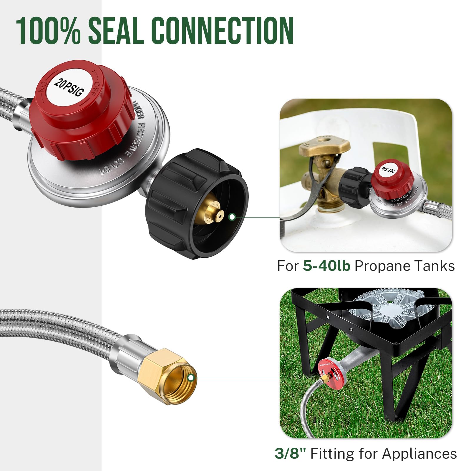 4FT High Pressure Adjustable Propane Regulator with Braided Hose - QCC1 & 3/8