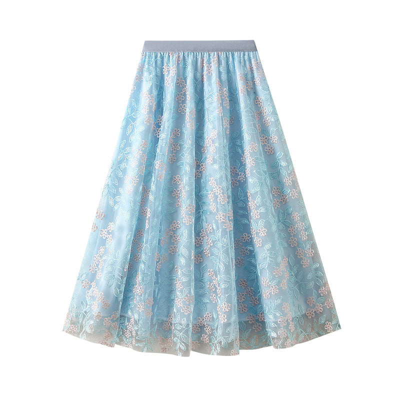 Embroidered Mesh Midi Skirt for Women - Floral Lace Summer Skirt with High Waist, A-Line Design - Perfect for Beach, Party, and Casual Outfits
