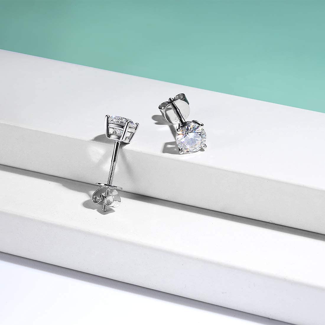 14K Solid White Gold Round 4 Prong Moissanite Stud Earrings - D-E Color VVS Clarity Simulated Diamond Screw Back Earrings for Women & Girls | Fine Jewelry Gift for Anniversary, Birthday & Special Occasions