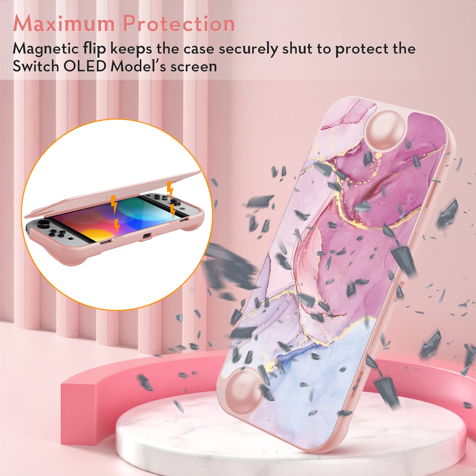Fintie Flip Case for Nintendo Switch OLED Model 2021 - Slim Protective Soft TPU Shell with Magnetically Detachable Front Cover & Ergonomic Grip | Screen Safe Design | Dreamy Marble | Perfect for Travel, Gaming On-The-Go & Home Entertainment