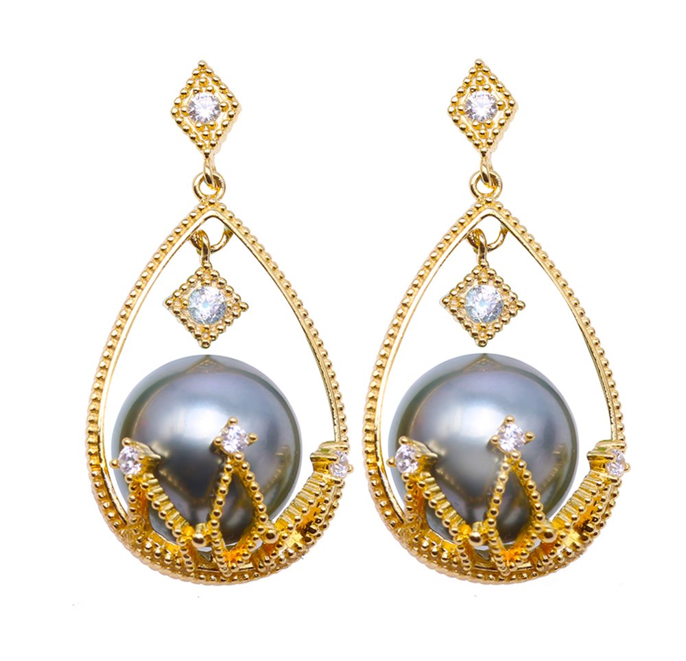JYX 10mm Black Tahitian South Sea Cultured Pearl Sterling Silver Drop Dangle Earrings for Women | Elegant Jewelry Gift for Wedding, Party & Special Occasions