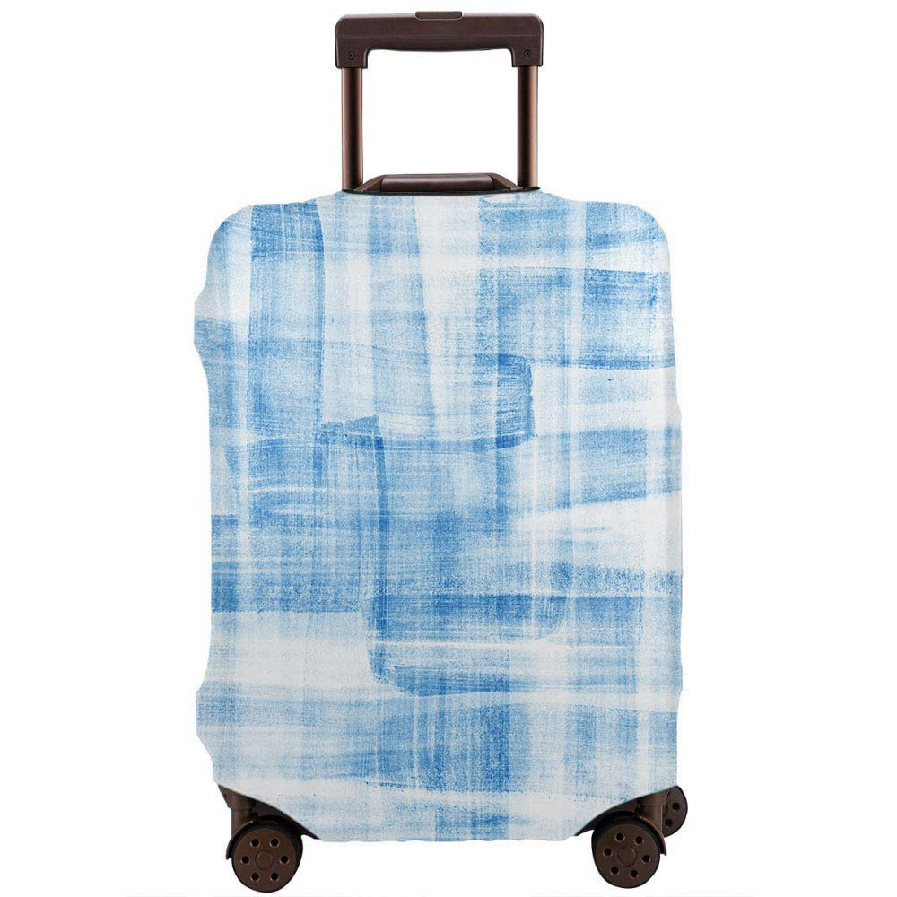 Watercolor Travel Luggage Protector Cover - Brush Stroke Doodle Design with Ocean Waves & Gingham Plaid Pattern - Fits 25-28 Inch Suitcases (Jeans Blue) - Perfect for Vacation Trips, Airplane Travel & Suitcase Protection
