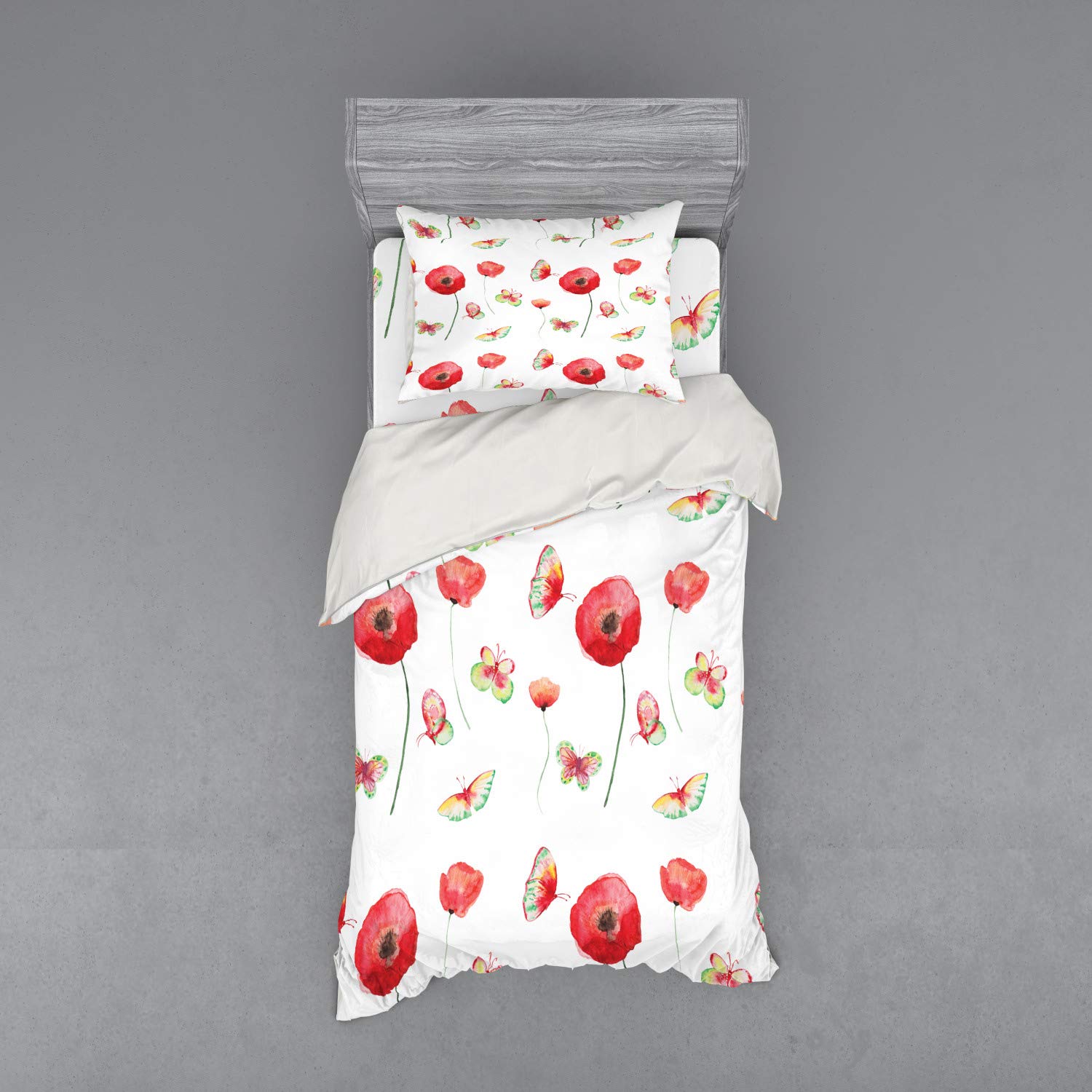 Ambesonne Vintage Floral Duvet Cover Set - Poppy & Butterfly Romance Themed 3-Piece Bedding (Twin XL) | Boho Chic Home Decor for Bedroom, Guest Room & Dorm | Coconut Red Botanical Print