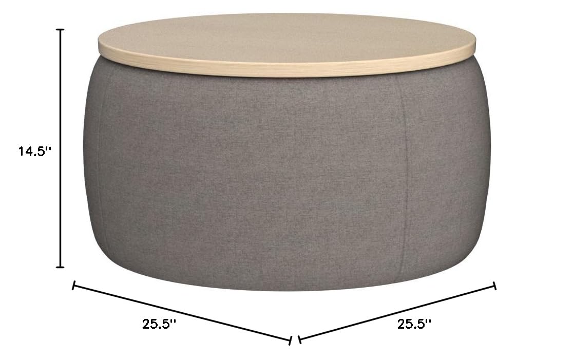 Modern Round Storage Ottoman with Wooden Lid - Handmade Circle Ottoman Coffee Table, End Table & Footstool for Living Room - Light Gray - Perfect for Small Space Living & Extra Seating
