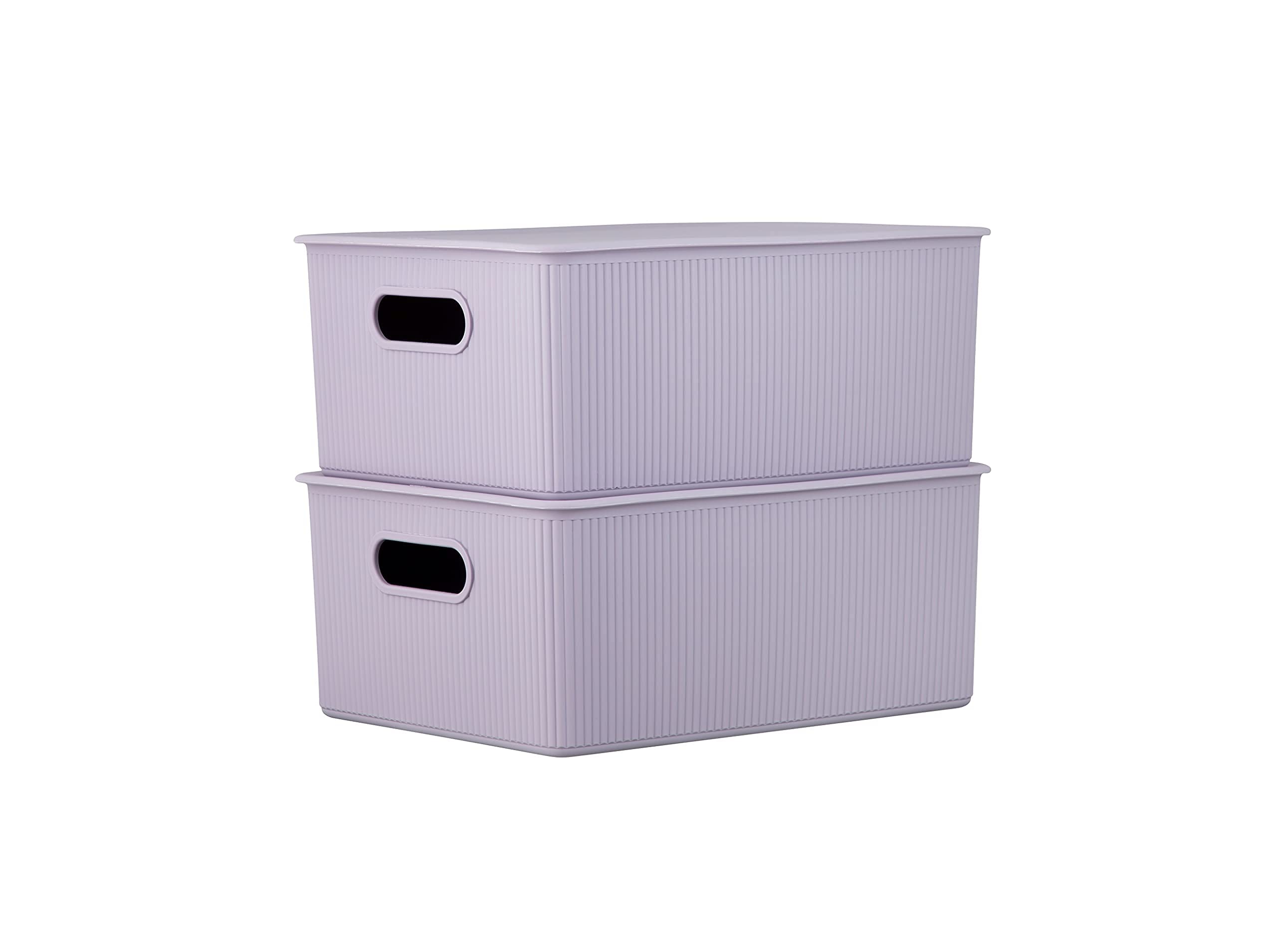 Superio Ribbed Collection - Decorative Plastic Lidded Storage Bins Organizer Baskets, Large Lilac Purple (1 Pack - 15L) Stackable Container Box for Closet, Shelf, Drawer Organization | Perfect for Bedroom, Bathroom, Kids Room & Office Storage Solutions