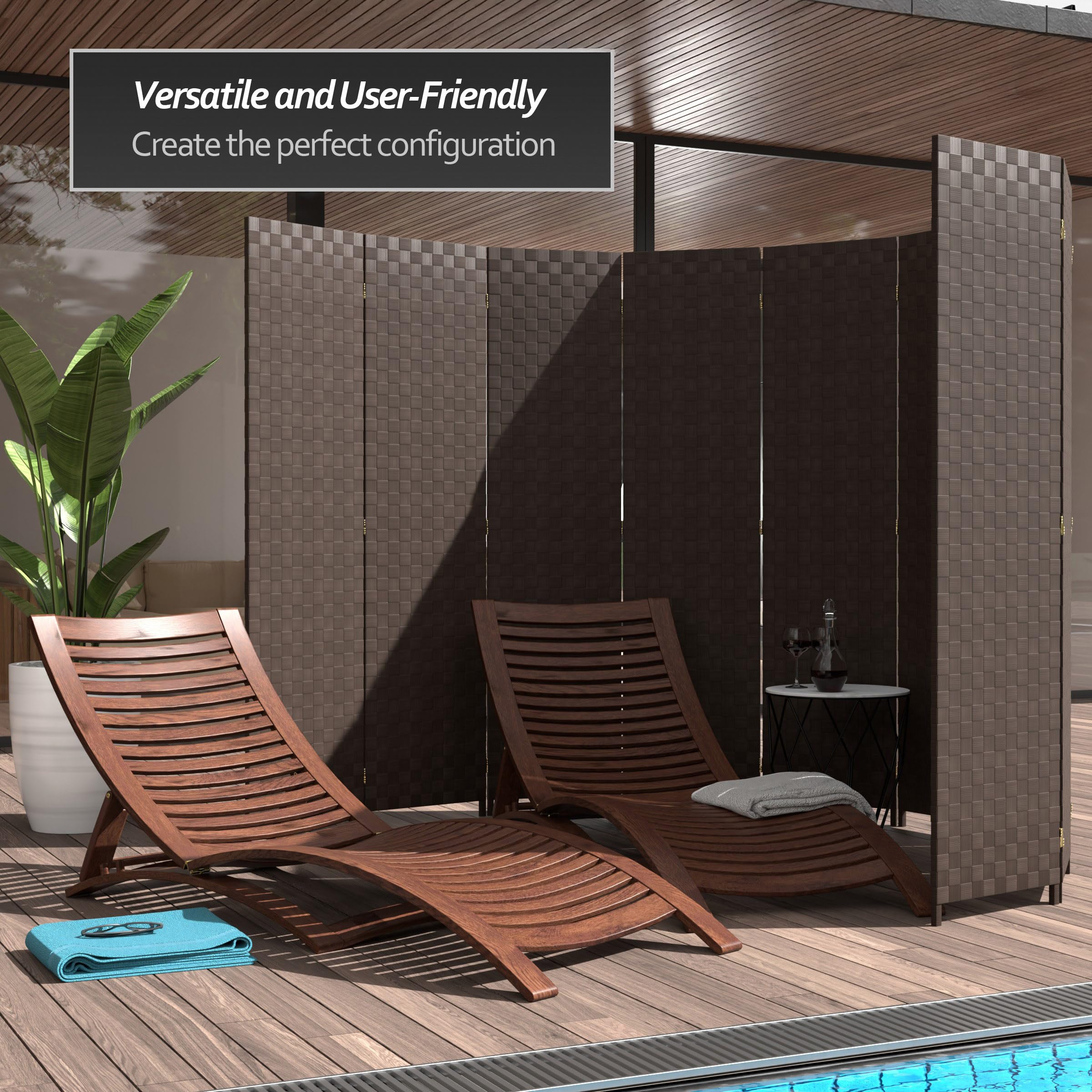 6 ft. Tall Dark Brown Woven Fiber Outdoor Room Divider - All Weather 3 Panel Red Lantern Design for Patio, Garden, and Backyard Privacy