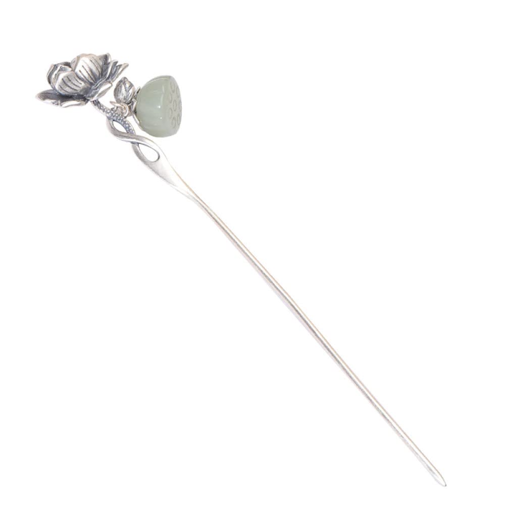 Vintage Chinese Silver Hair Sticks - Classical Style Hair Chopsticks for Buns, Thick Hair Hairpins with Imitation Hetian Jade Lotus Design, Elegant Hair Accessories for Women | Perfect for Weddings, Cosplay, and Traditional Chinese Fashion