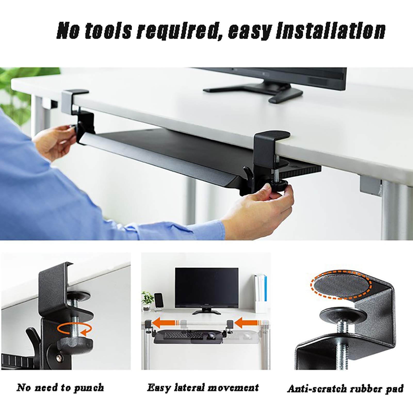 Ergonomic Under Desk Keyboard Tray with Clamp & Smooth Sliding Mechanism - Adjustable Height for Typing, Gaming & Office Work - Perfect for Home Office, Gaming Setup & Workspace Organization