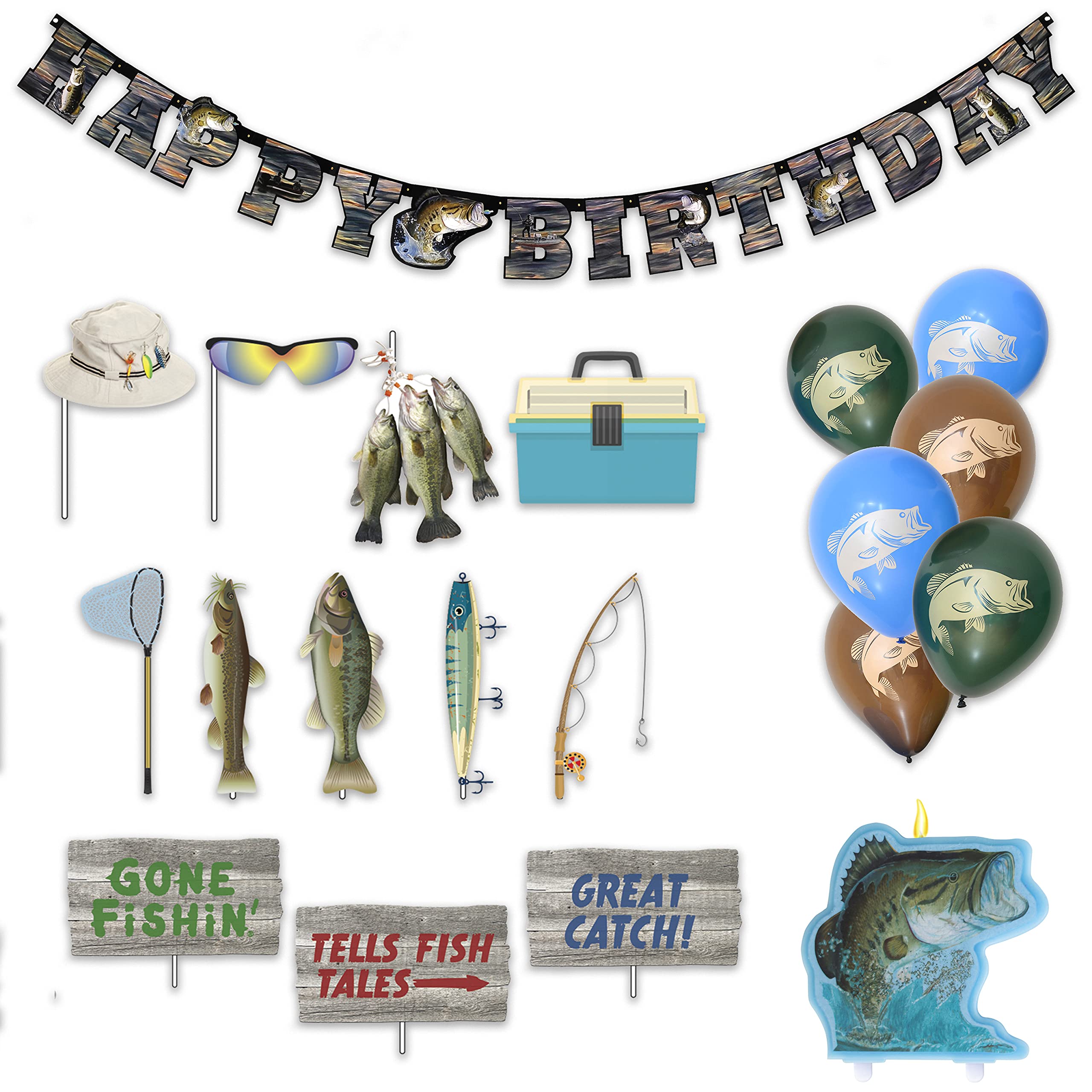 **Havercamp's Gone Fishin' Birthday Party Decorations Kit - Happy Birthday Banner, Cake Topper Candle, 12 Fun Photo Props, 6 Latex Balloons - Perfect for Fishing-Themed Parties & Outdoor Celebrations**