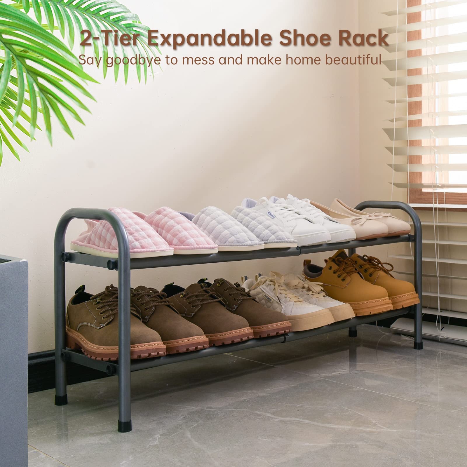 2-Tier Expandable Shoe Rack - Adjustable Heavy Duty Metal Shoe Shelf Organizer for Entryway, Closet & Doorway Storage (Gray) - Perfect for Small Spaces & Apartment Living
