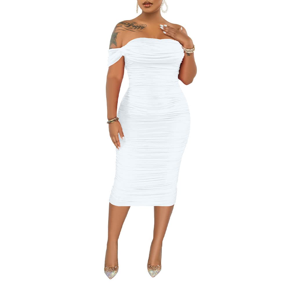 PINSV Women's Ruched Off Shoulder Bodycon Dress - Elegant Midi Party Dress for Night Out, Cocktail, Date Night & Special Occasions