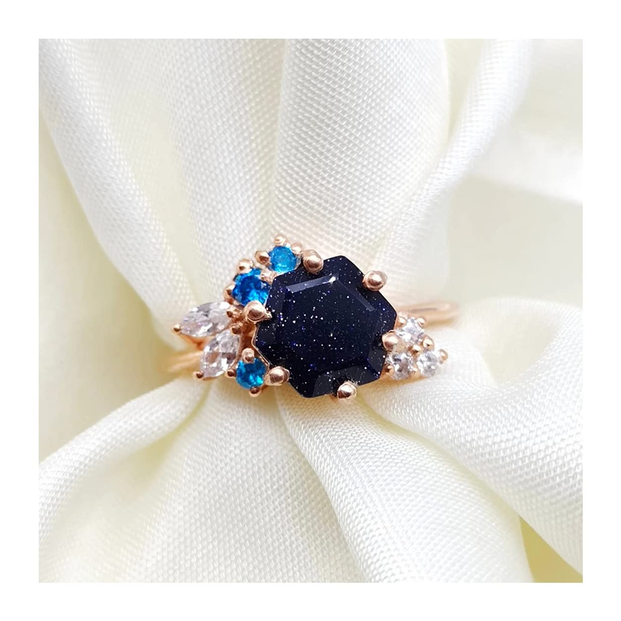 Hexagon Cut Blue Sandstone Ring for Women - Rose Gold & Silver Cluster Topaz Promise Ring - Elegant Wedding & Anniversary Gift by Forever Gems & Jewels | Perfect for Engagements, Date Nights & Special Occasions
