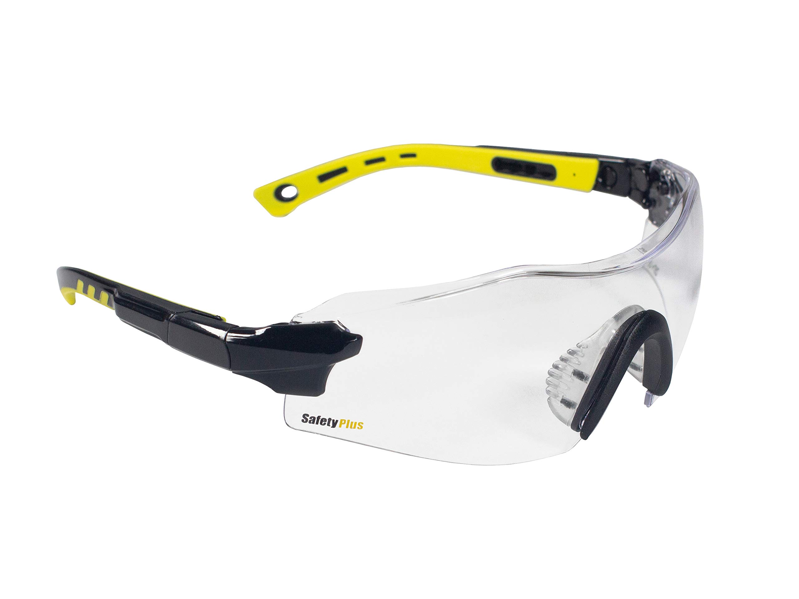 SafetyPlus SPG801CL Clear Lens Safety Glasses - ANSI Z87.1 Certified, Anti-Scratch, Wrap-Around Design with UV Protection, Non-Slip Grip & Adjustable Temples - Includes Protective Case & Strap - Ideal for Construction, Woodworking, and DIY Projects