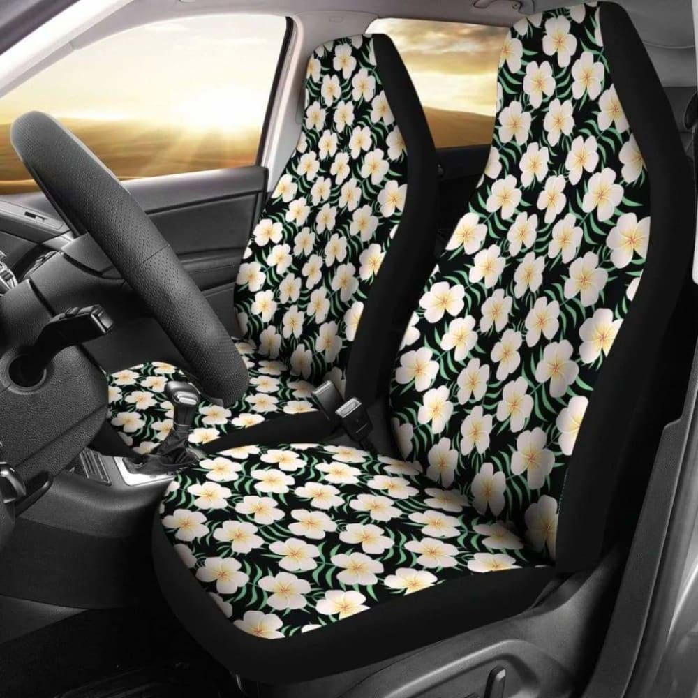 Premium Black Hawaiian Floral Car Seat Covers with Plumeria Frangipani Flower Design - Breathable Universal Fit for Cars, SUVs & Trucks - Perfect for Beach Trips, Summer Drives & Tropical Vibes