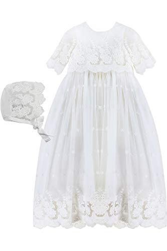 Baby Girl Christening Gown with Star Lace & Bonnet Set - Elegant Baptism Dress for Newborns & Infants - Perfect for Christenings, Baby Showers & Special Occasions