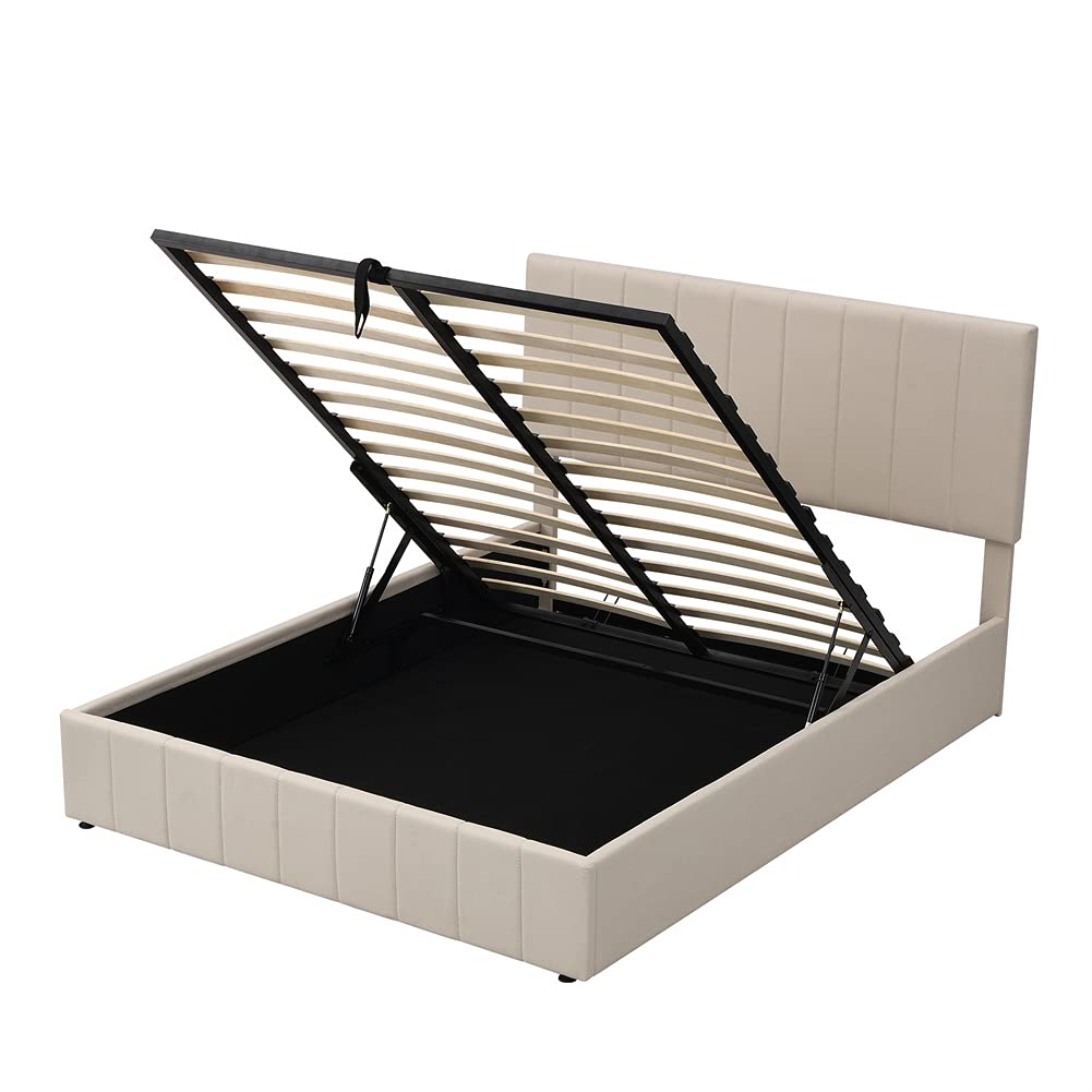 Queen Size Upholstered Platform Bed with Hydraulic Storage - Solid Wood Frame, Easy Assembly, Modern Beige Fabric - Perfect for Small Bedrooms & Guest Rooms