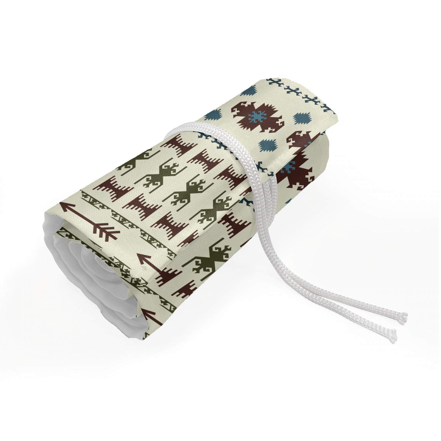 Ambesonne Tribal Pencil Case Wrap Roll Holder - Inca Inspired Geometric Design Canvas Pencil Organizer with 48 Loops | Durable & Portable Beige Brown Pouch for Artists, Students & Office Use | Perfect for Travel, School & Art Supplies Storage