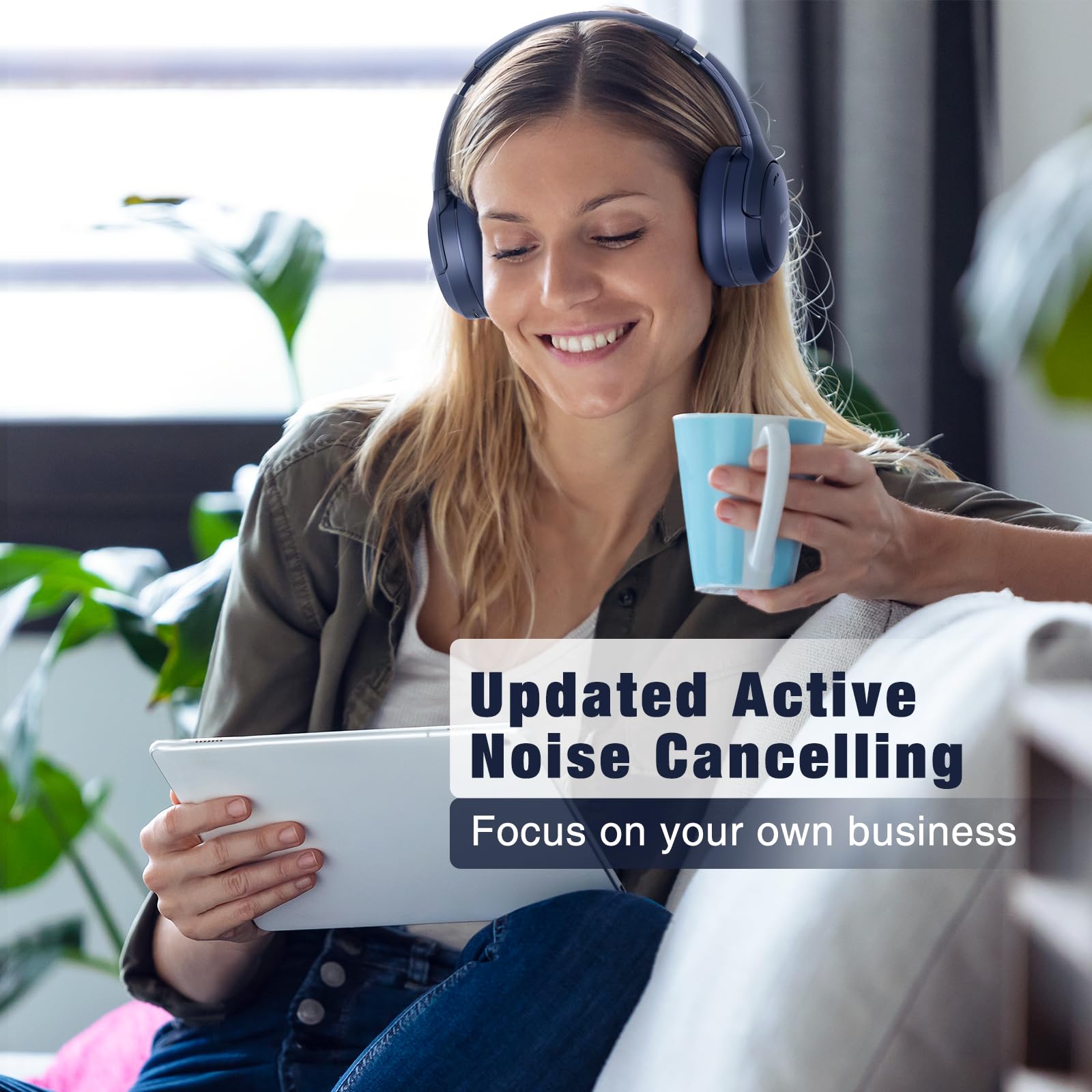 RUNOLIM Hybrid Active Noise Cancelling Wireless Over-Ear Bluetooth Headphones with Microphone - 65H Playtime, Foldable Design, HiFi Audio & Deep Bass - Perfect for Home, Travel, Office & Commuting