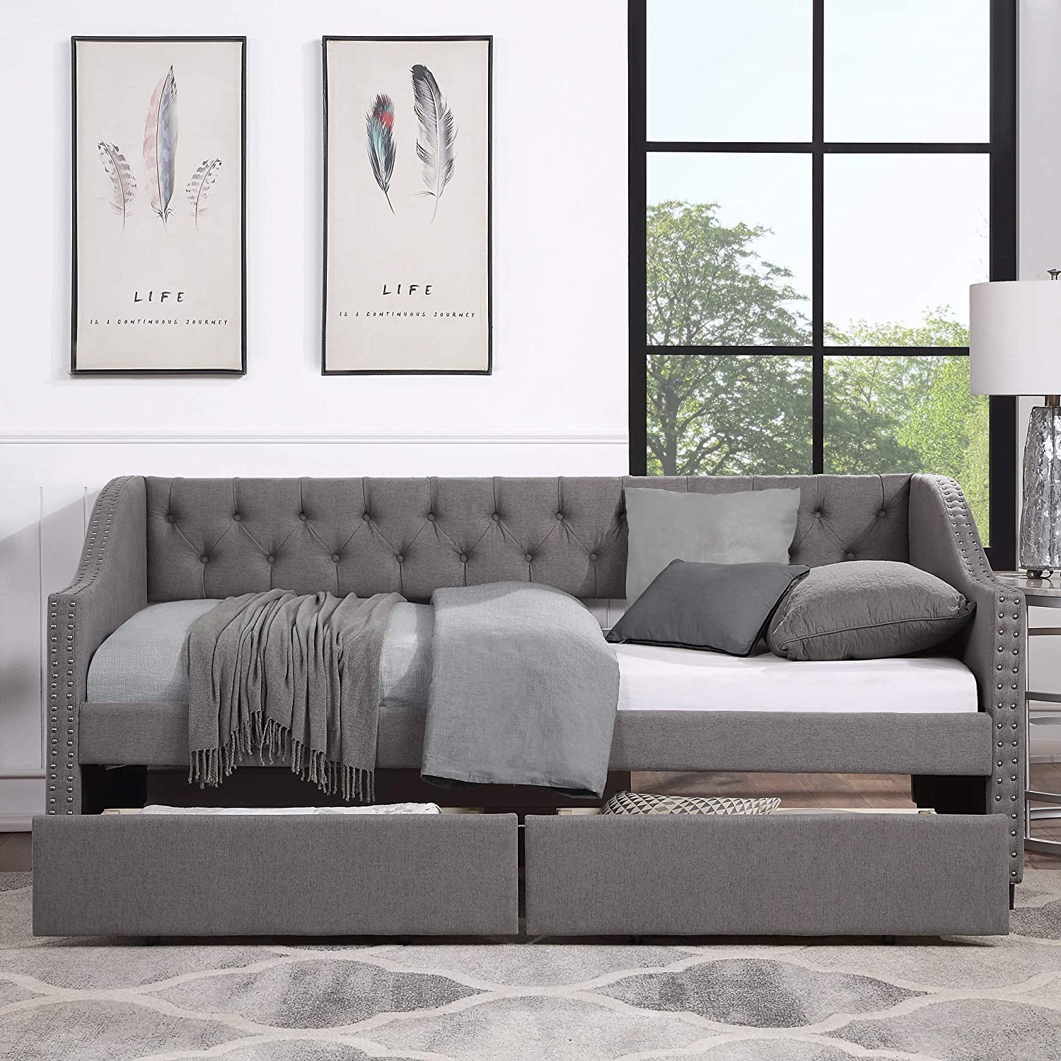Merax Twin Size Upholstered Daybed Sofa Bed with 2 Drawers & Wood Slat Support - Convertible Day Bed Frame in Gray - Perfect for Guest Room, Small Space & Dormitory Furniture