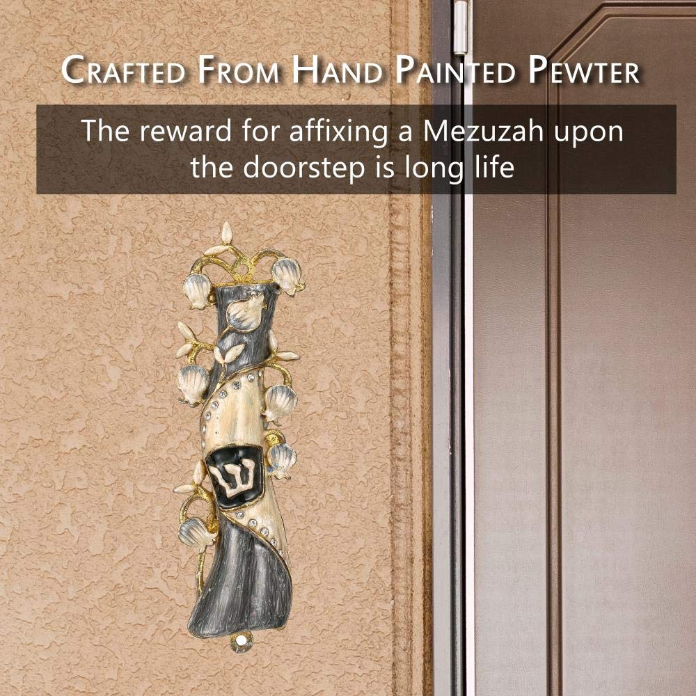 Hand Painted Gold Plated Mezuzah with Crystals - Home Blessing Decor