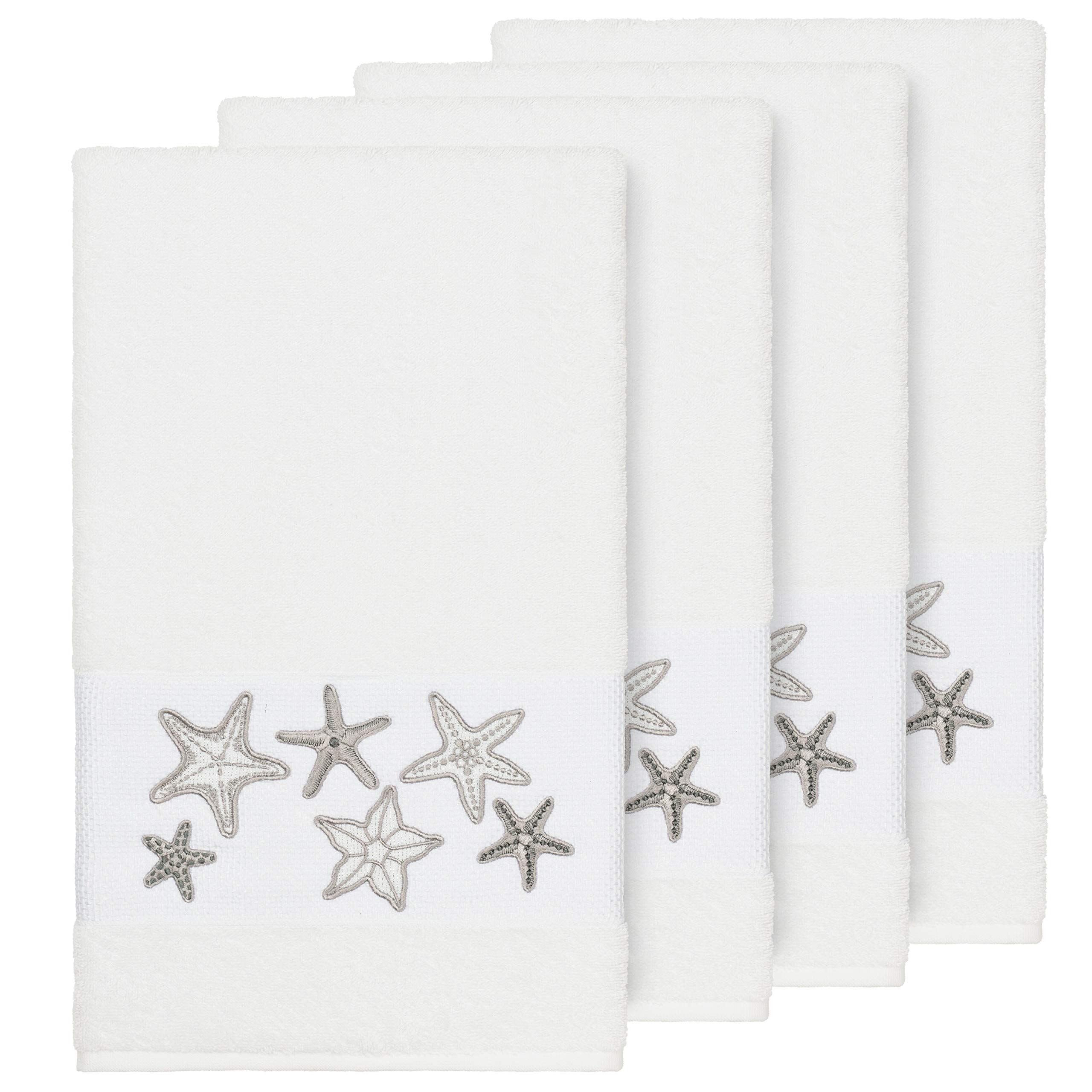 Premium White Turkish Cotton Bath Towels Set of 4 - Soft & Absorbent Starfish Embroidered Beach Towels for Bathroom, Spa, Pool & Coastal Home Decor