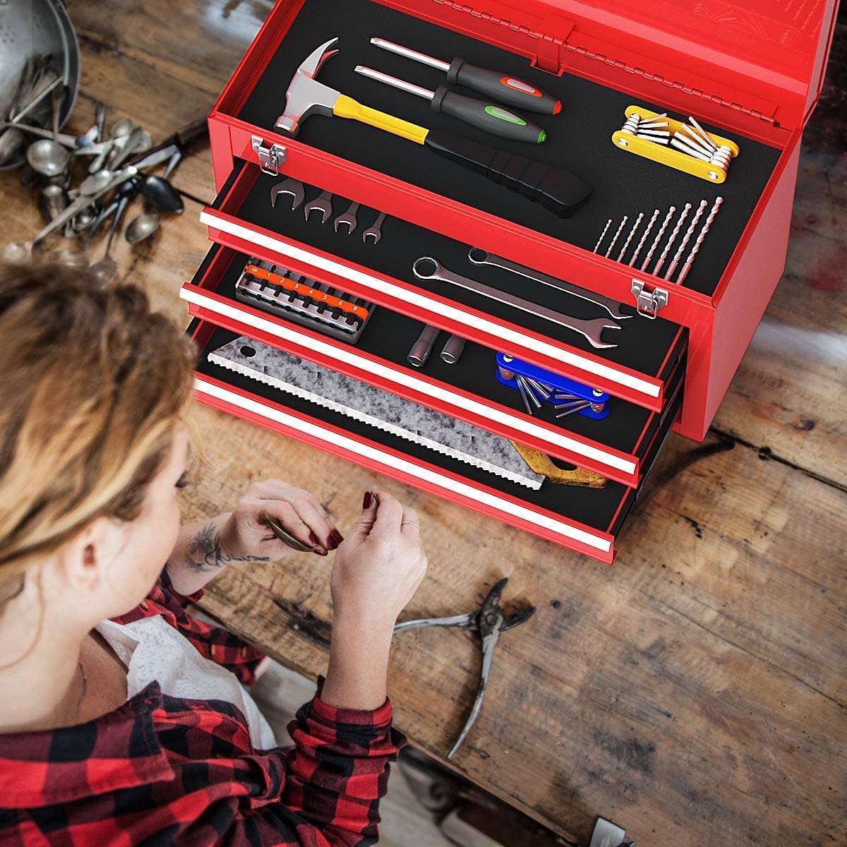 IRONMAX Lockable Steel Tool Chest with 3 Drawers & Top Tray - Heavy Duty Portable Tool Box for Home, Garage, Workshop & Job Site - Secure Storage for Tools & Equipment (Red)