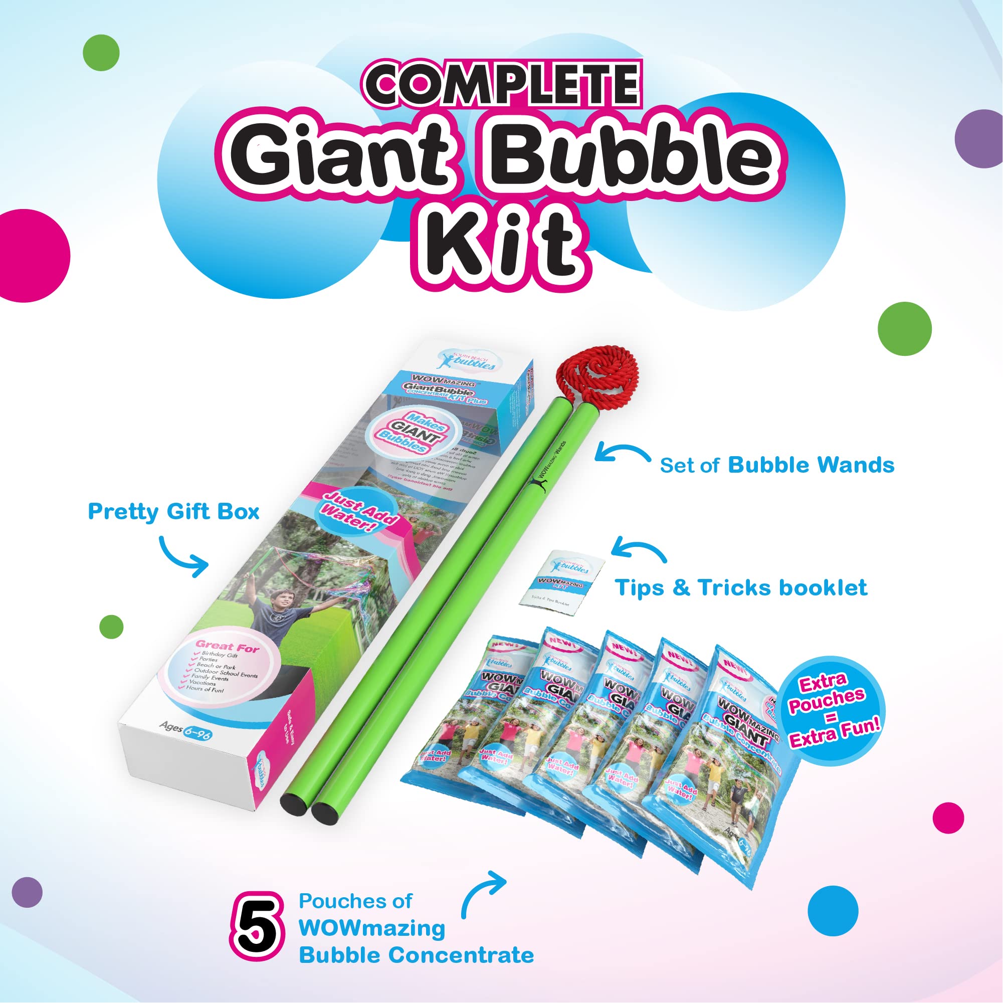 WOWMAZING Giant Bubbles Kit for Kids - Extra Large Bubble Wand & Premium Bubble Solution (Makes 1.5 Gallon) - Outdoor Play, Birthday Parties, Backyard Fun