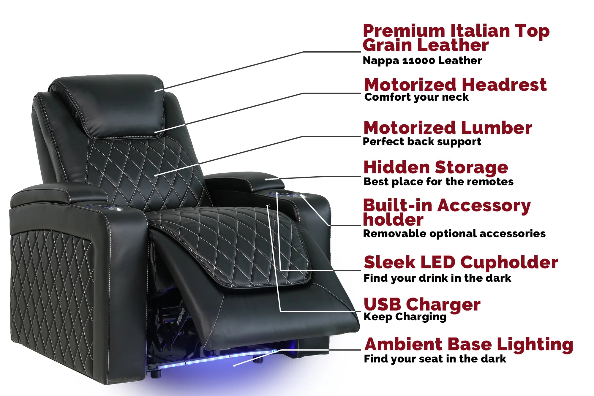 Valencia Oslo Genuine Leather Home Theater Seating Set - 2-Seater Loveseat in Midnight Black | Perfect for Home Cinema, Media Rooms & Luxury Home Theaters