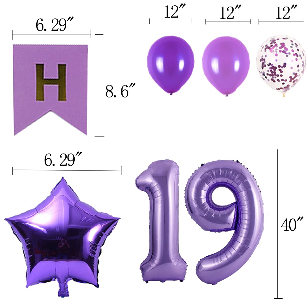 19th Birthday Party Decorations Kit - Happy Birthday Banner, Number 19 Balloons & Purple Party Supplies for Teen Girls & Boys | Perfect for Sweet 16, Graduation, Milestone Celebrations & Birthday Party Decor