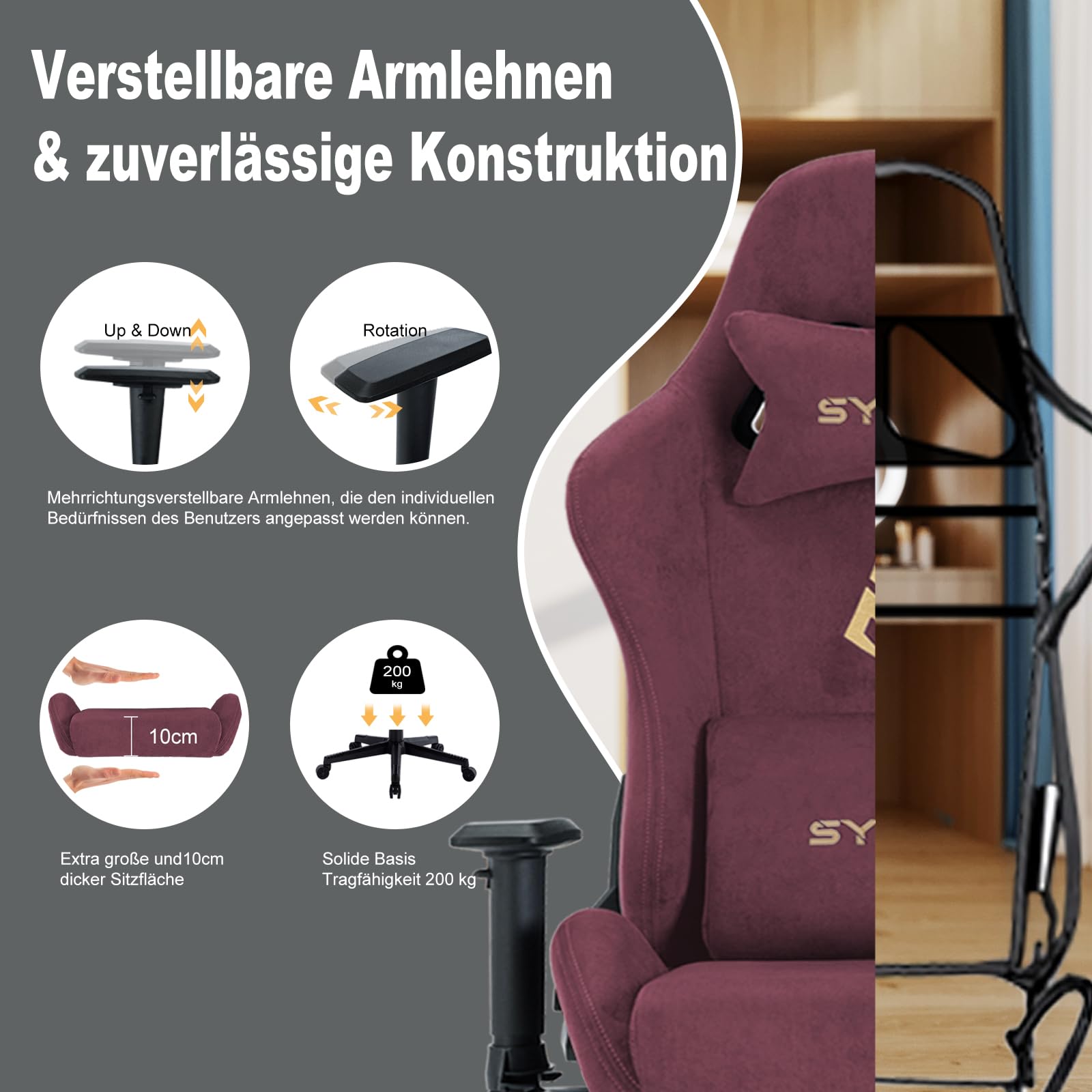Symino Ergonomic Gaming Chair - Breathable High-Quality Fabric Office Chair with Adjustable Height, 360° Rotation & Footrest - Soft Fur-Like Comfort for PC Gaming & Work - Perfect for Home Office, Streaming & Esports