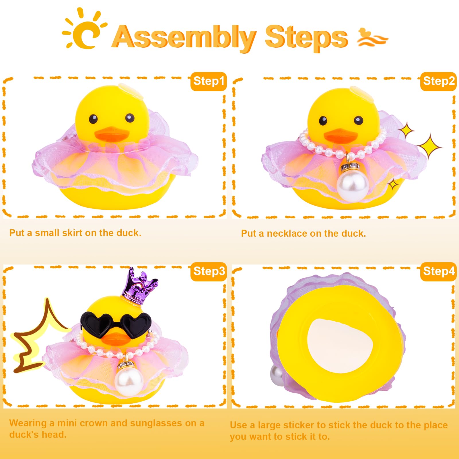 Rubber Duck Car Dashboard Decoration with Mini Crown, Skirt, Necklace & Glasses - Cute Car Accessories for Dashboard, Office Desk, and Party Decor - CF038A