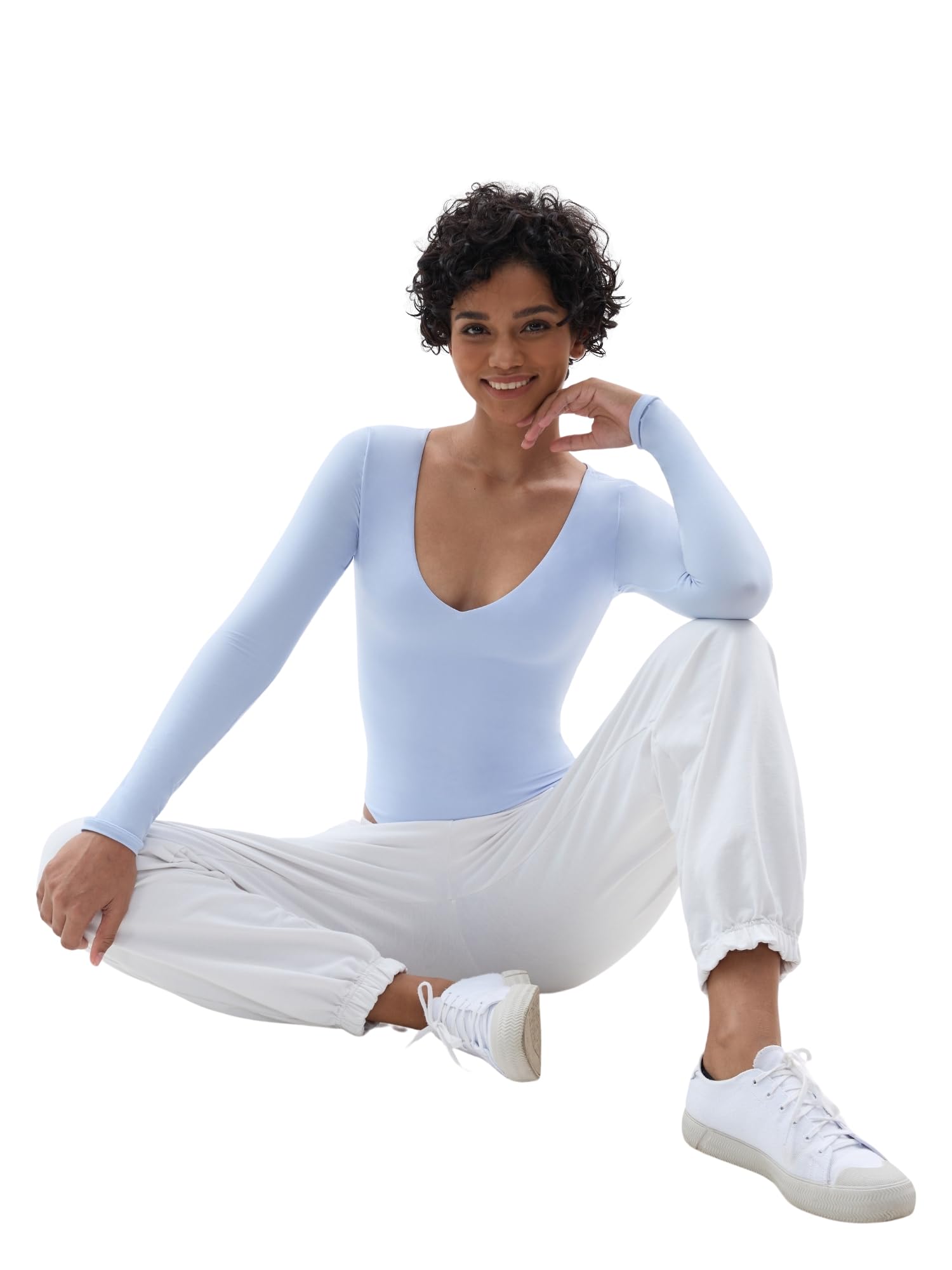 SHAPERX Women's V Neck Long Sleeve Bodysuit - Super Soft Stretchy Slim Fit T-Shirt Top for Everyday Wear, Work & Layering