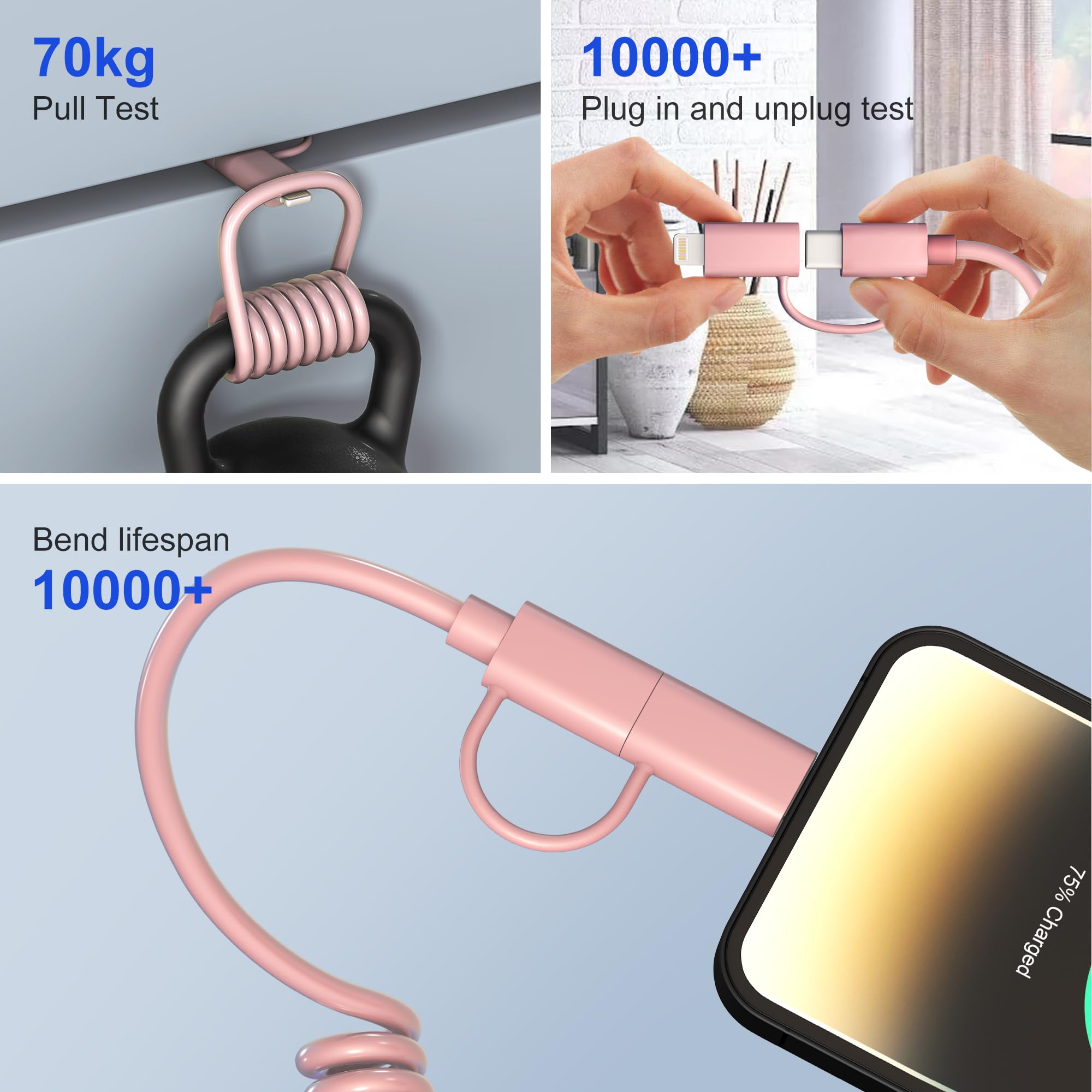 4-in-1 Coiled USB C to Lightning Cable - 60W PD Fast Charging & Data Sync - 6FT Multi Charging Cable for iPhone, iPad, Android - Compatible with Apple CarPlay & Android Auto - Includes USB/USB-C to USB-C/Lightning Connectors - Pink (Perfect for Car, Home & Office Charging)