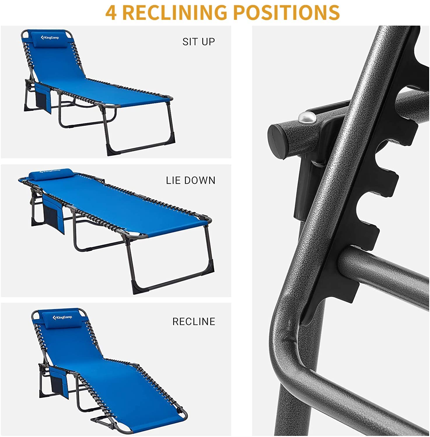 KingCamp Outdoor Chaise Lounge Chair - Foldable Sun Chair for Patio, Camping, Beach, Pool & Garden - Heavy Duty Portable Adjustable Recliner with Pillow - Perfect for Sunbathing, Relaxing in Yard or Lawn