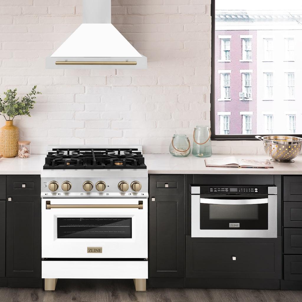 ZLINE KB4STZ Autograph Edition Convertible Stainless Steel Range Hood - White Matte Shell with Champagne Bronze Accents | Professional Kitchen Ventilation for Modern Homes