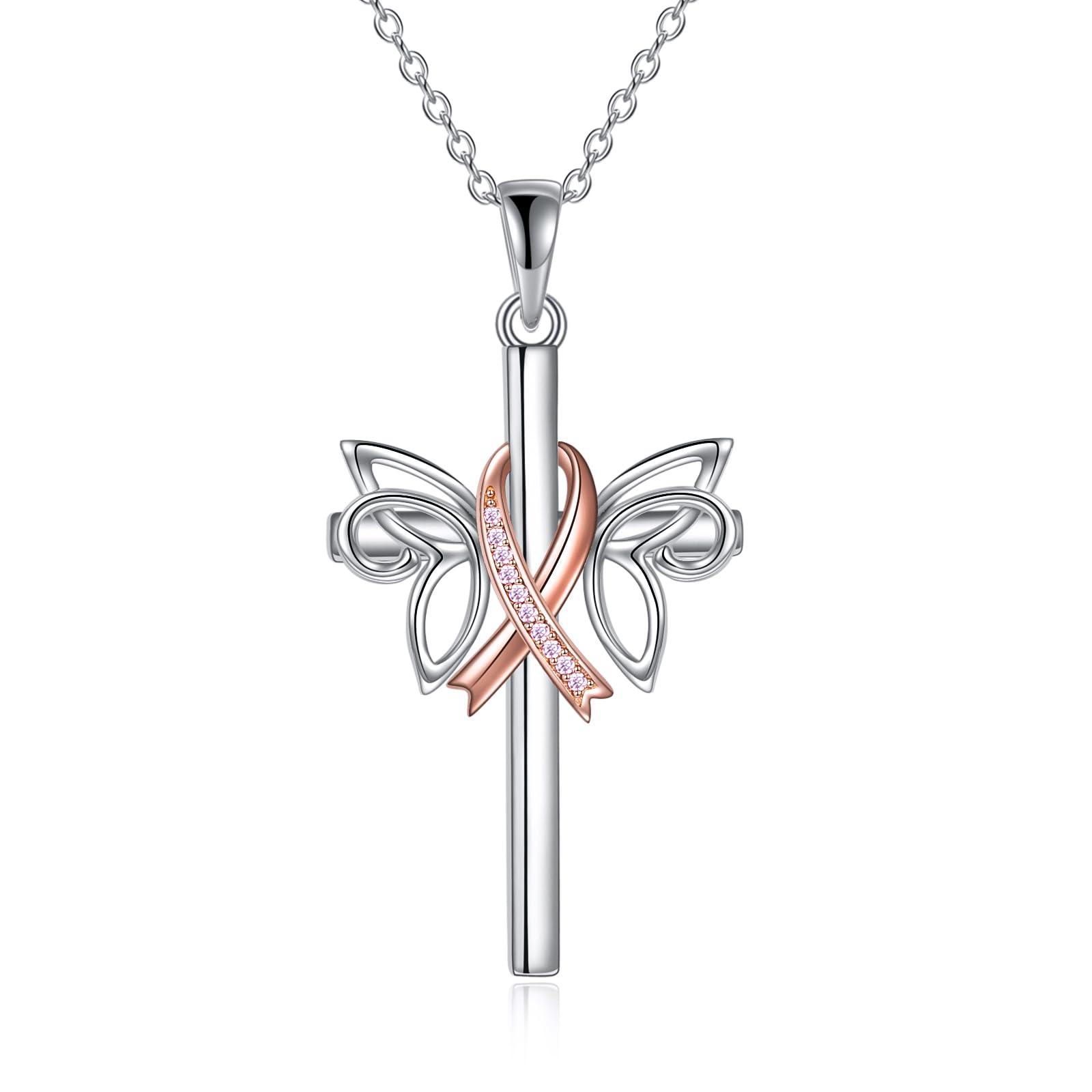 Sterling Silver Pink Ribbon Pendant Necklace - Breast Cancer Awareness Jewelry for Women Survivors, Butterfly & Dragonfly Charm Gift for Hope & Support | Perfect for Fundraisers, Survivor Celebrations & Daily Wear
