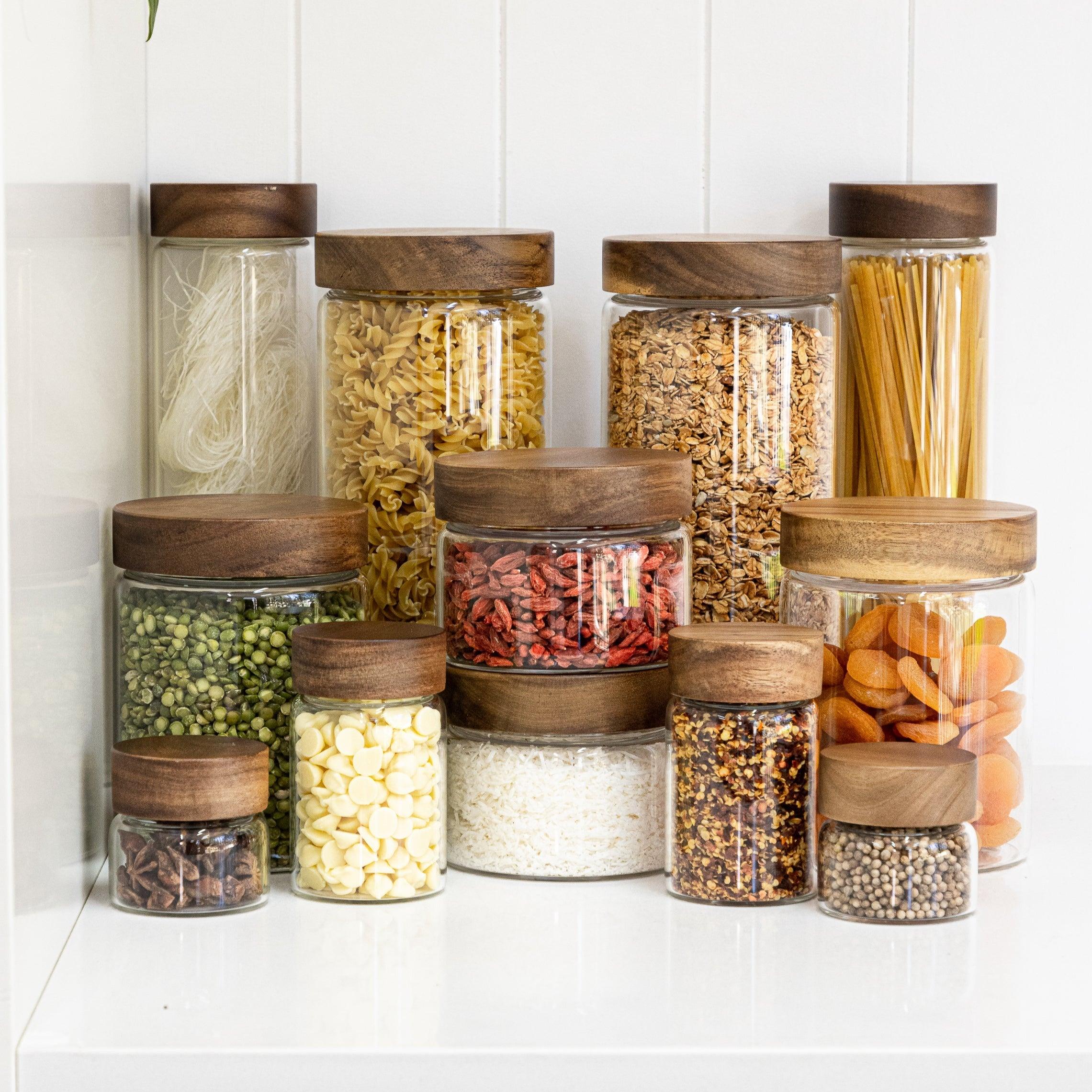 Premium 1L Acacia Wood Glass Jar with Lid - Airtight Storage for Coffee, Tea, Spices & Kitchen Essentials - Perfect for Pantry Organization & Home Decor