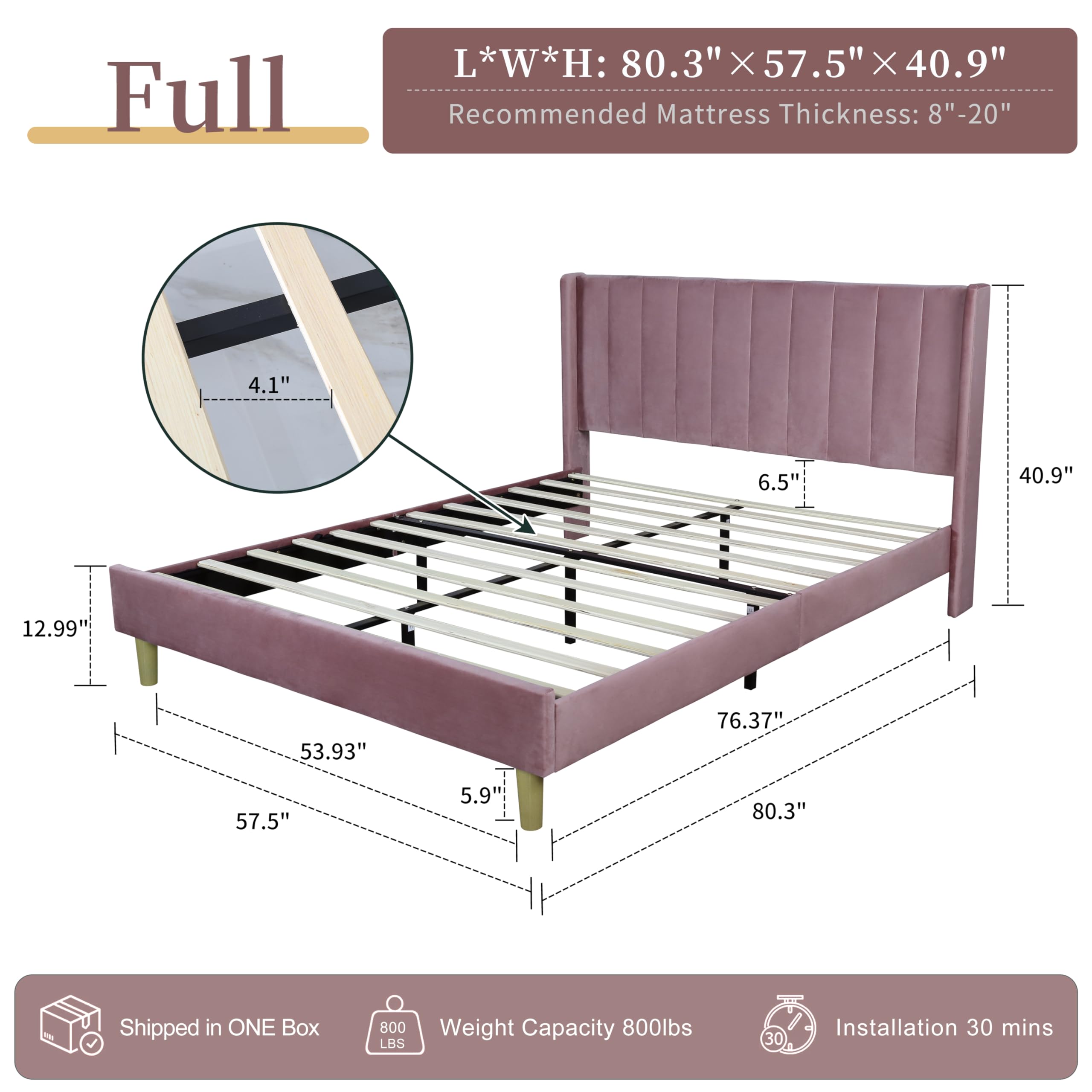 Pink Upholstered Platform Bed Frame - Full Size, No Box Spring Needed for Bedroom