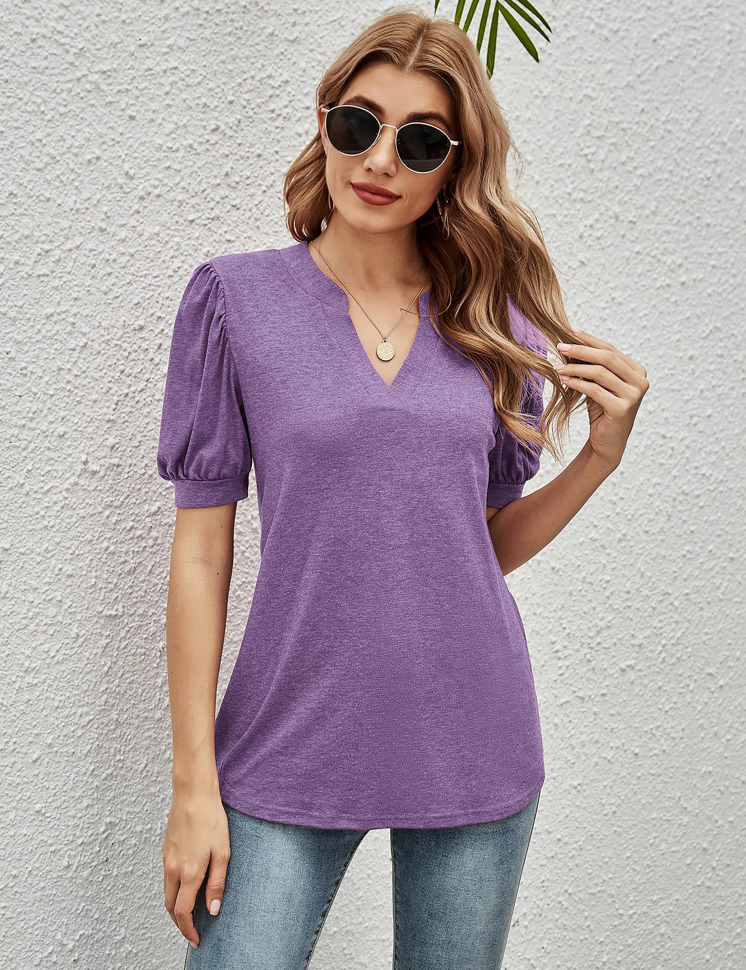 Romanstii Women's Casual V-Neck T-Shirt - Loose Fit Puff Short Sleeve Tunic Top Blouse for Summer Outfits, Beach Wear & Everyday Comfort
