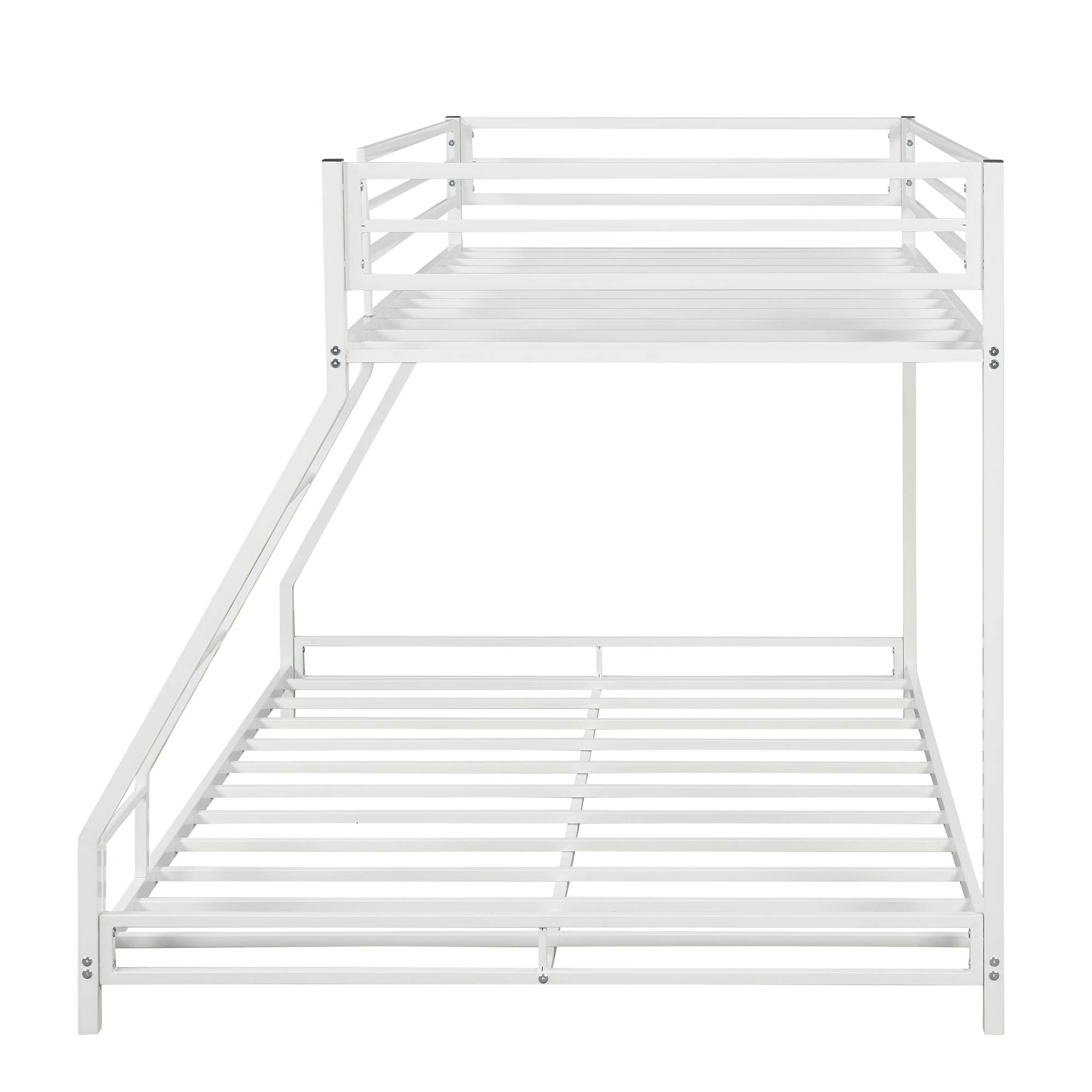 Heavy Duty Metal Low Bunk Bed - Twin Over Full Floor Bunk Bed with Sloping Ladder & Safety Guardrails - Sturdy Bed Frame for Kids Teens Adults - Perfect for Small Rooms, Dorms & Guest Rooms (White)