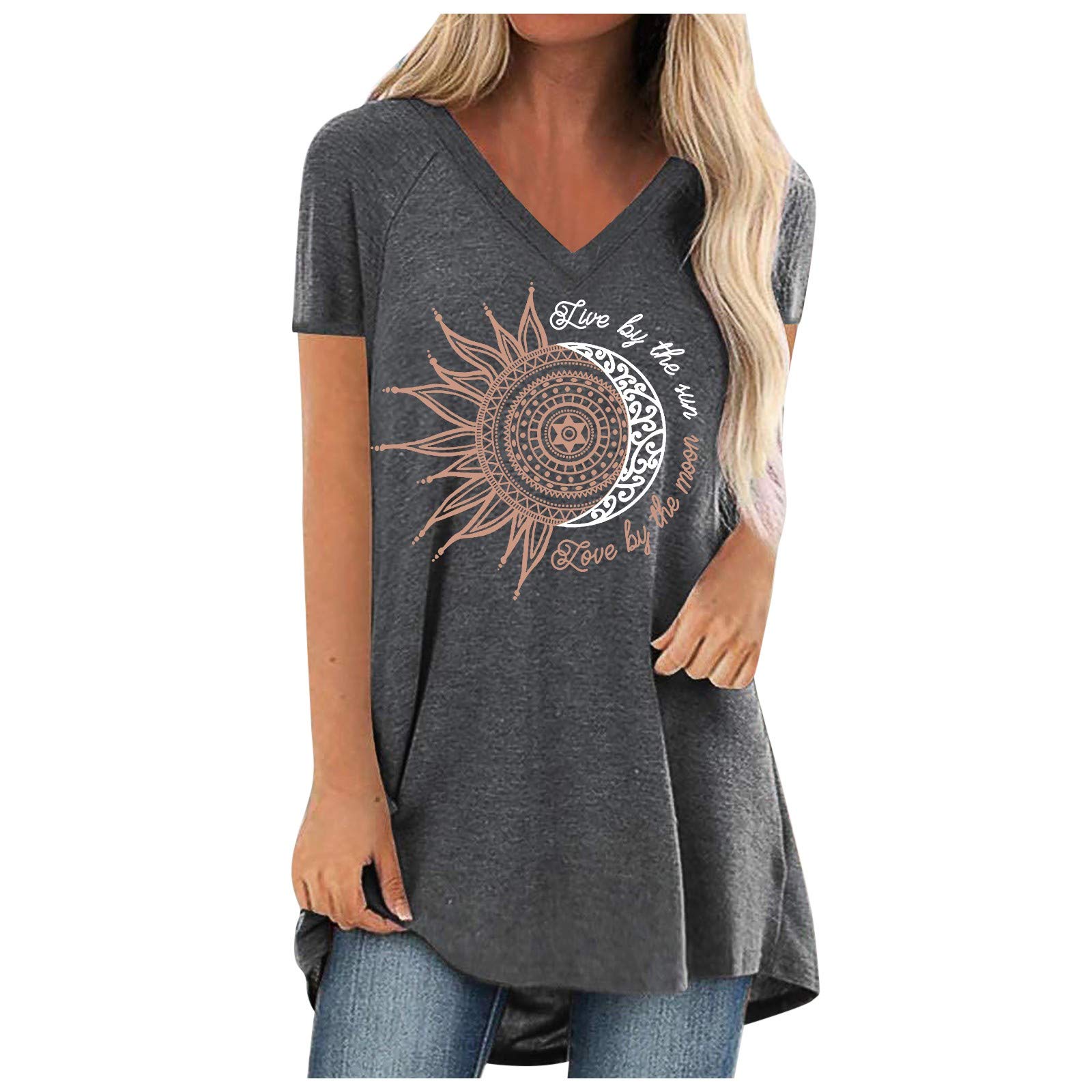 Women's V-Neck Casual Summer T-Shirt - Loose Fit Short Sleeve Vintage Print Blouse & Tunic Top | Perfect for Beach, Travel & Everyday Wear